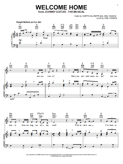 Joel Higgins Welcome Home sheet music notes and chords arranged for Piano, Vocal & Guitar Chords (Right-Hand Melody)