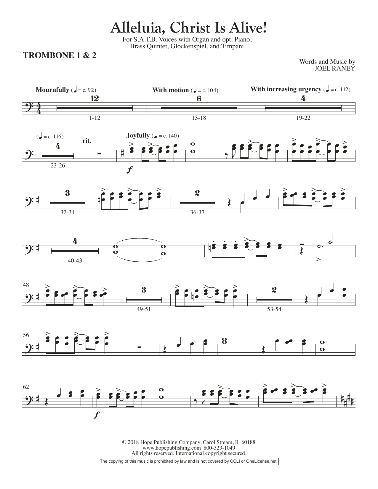 Joel Raney Alleluia, Christ Is Alive! - Trombone 1 & 2 sheet music notes and chords arranged for Choir Instrumental Pak