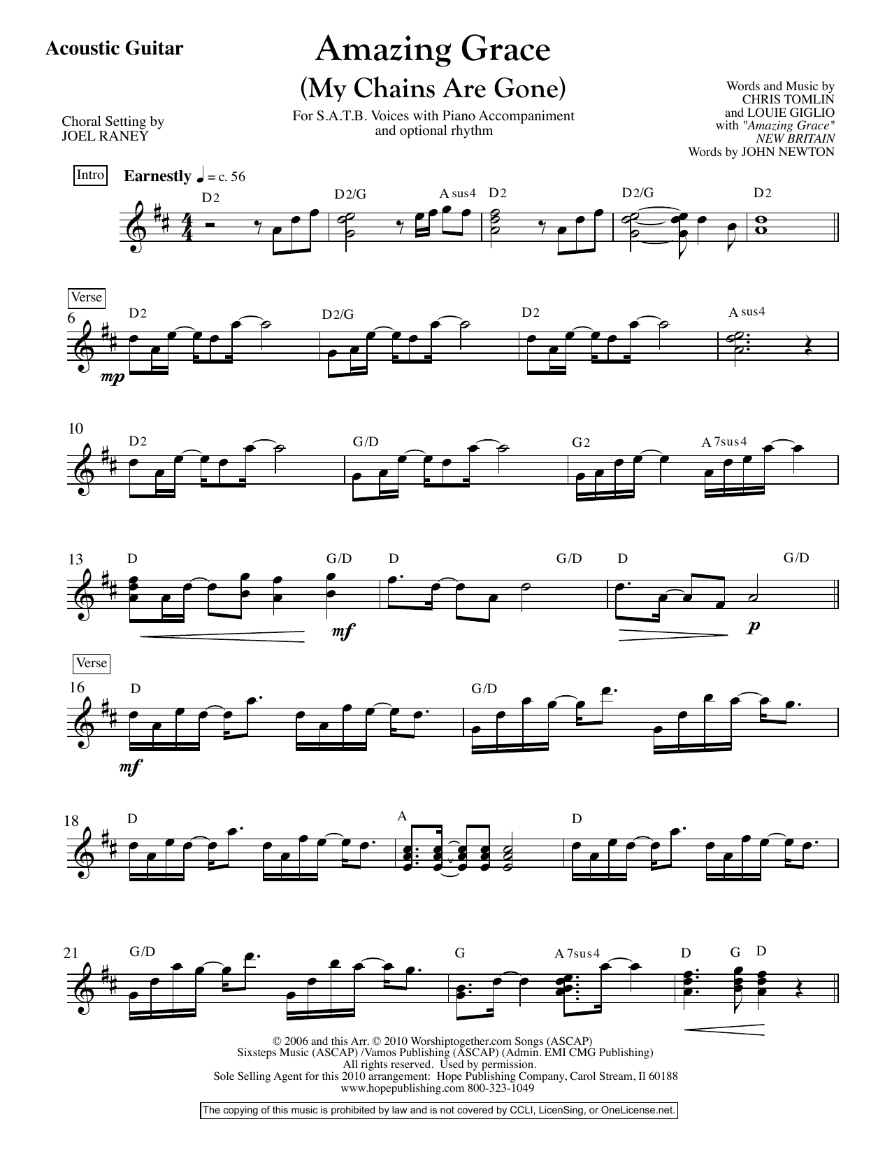 Joel Raney Amazing Grace (My Chains Are Gone) - Acoustic Guitar sheet music notes and chords arranged for Choir Instrumental Pak
