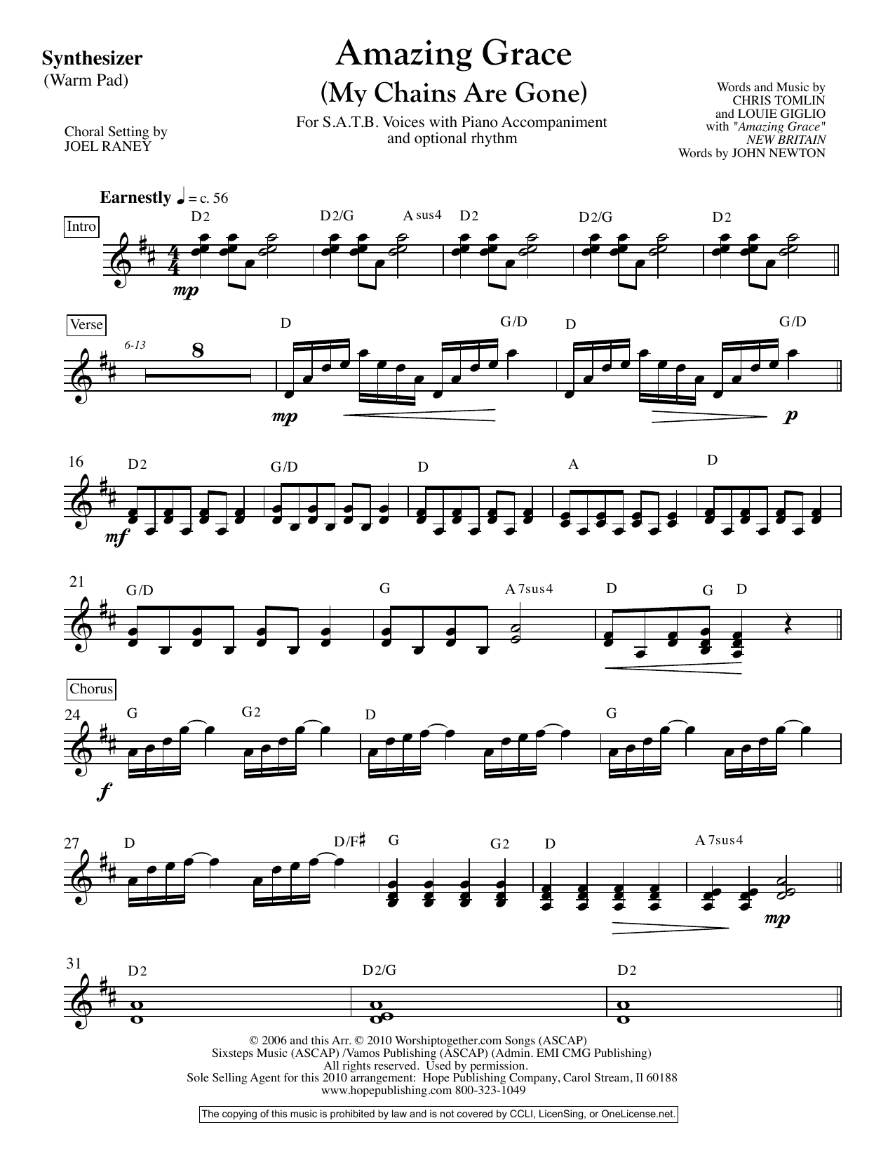 Joel Raney Amazing Grace (My Chains Are Gone) - Synthesizer sheet music notes and chords arranged for Choir Instrumental Pak