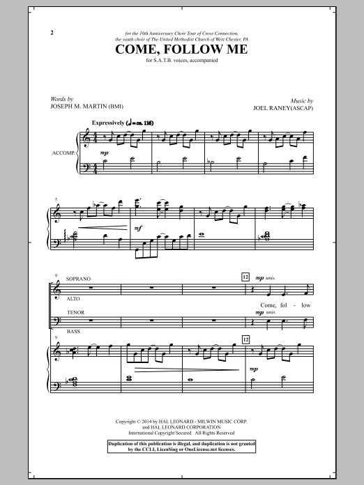 Joel Raney Come, Follow Me sheet music notes and chords arranged for SATB Choir