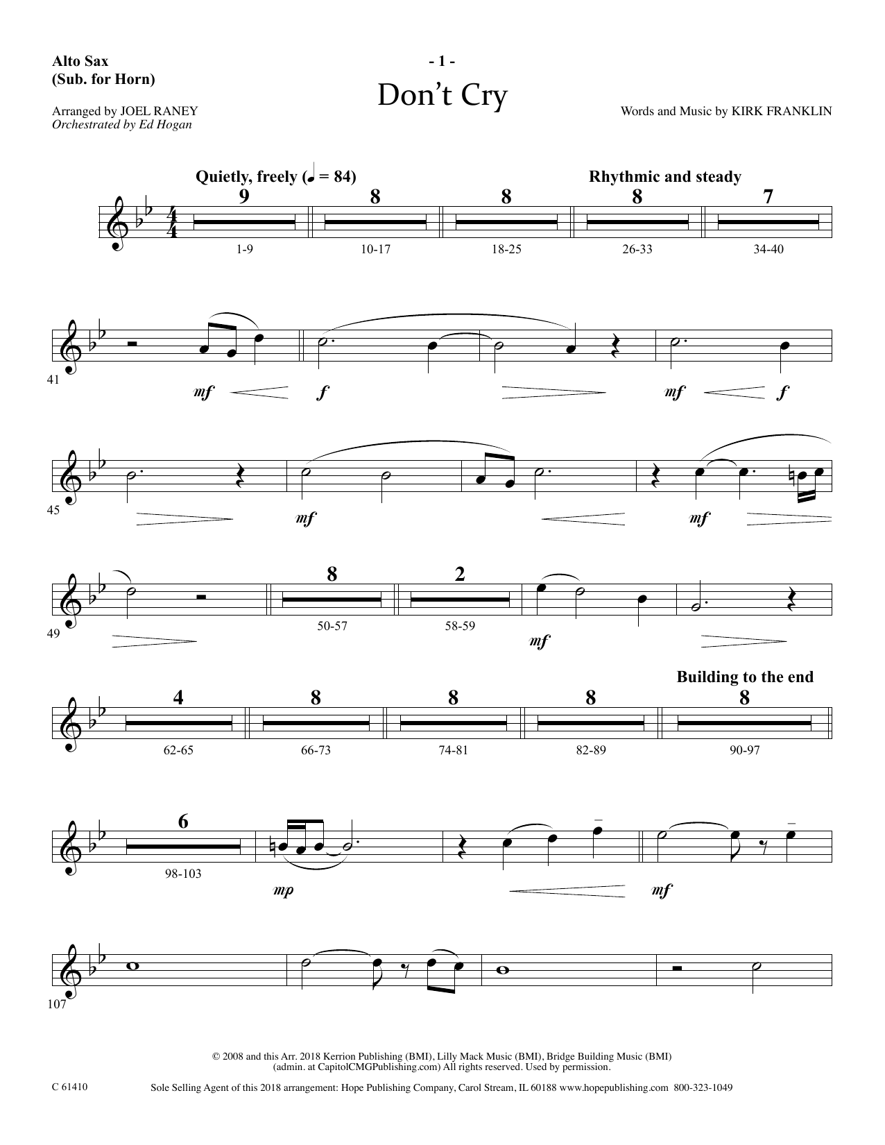 Joel Raney Don't Cry - Alto Sax (Horn sub.) sheet music notes and chords arranged for Choir Instrumental Pak