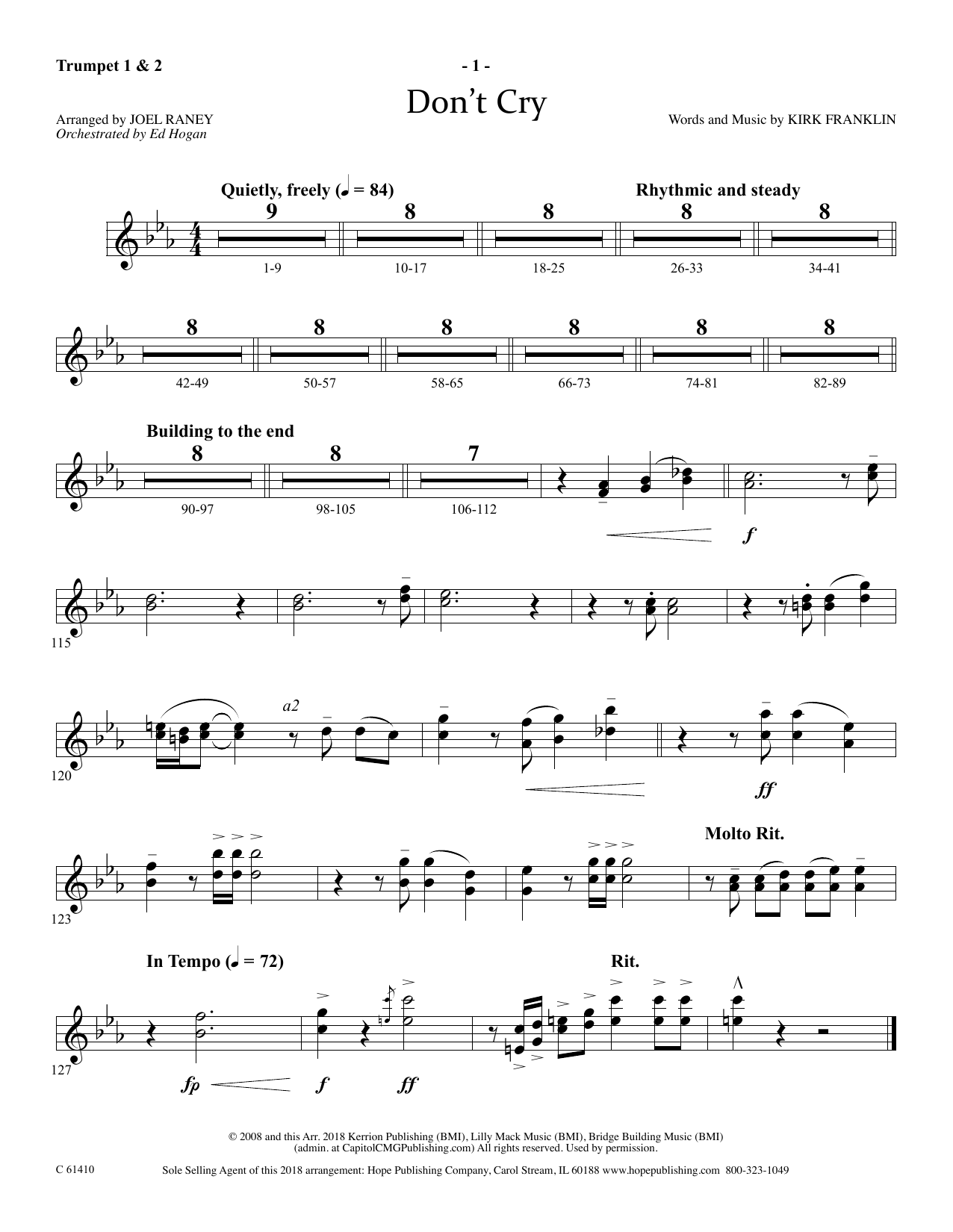 Joel Raney Don't Cry - Bb Trumpet 1 & 2 sheet music notes and chords arranged for Choir Instrumental Pak