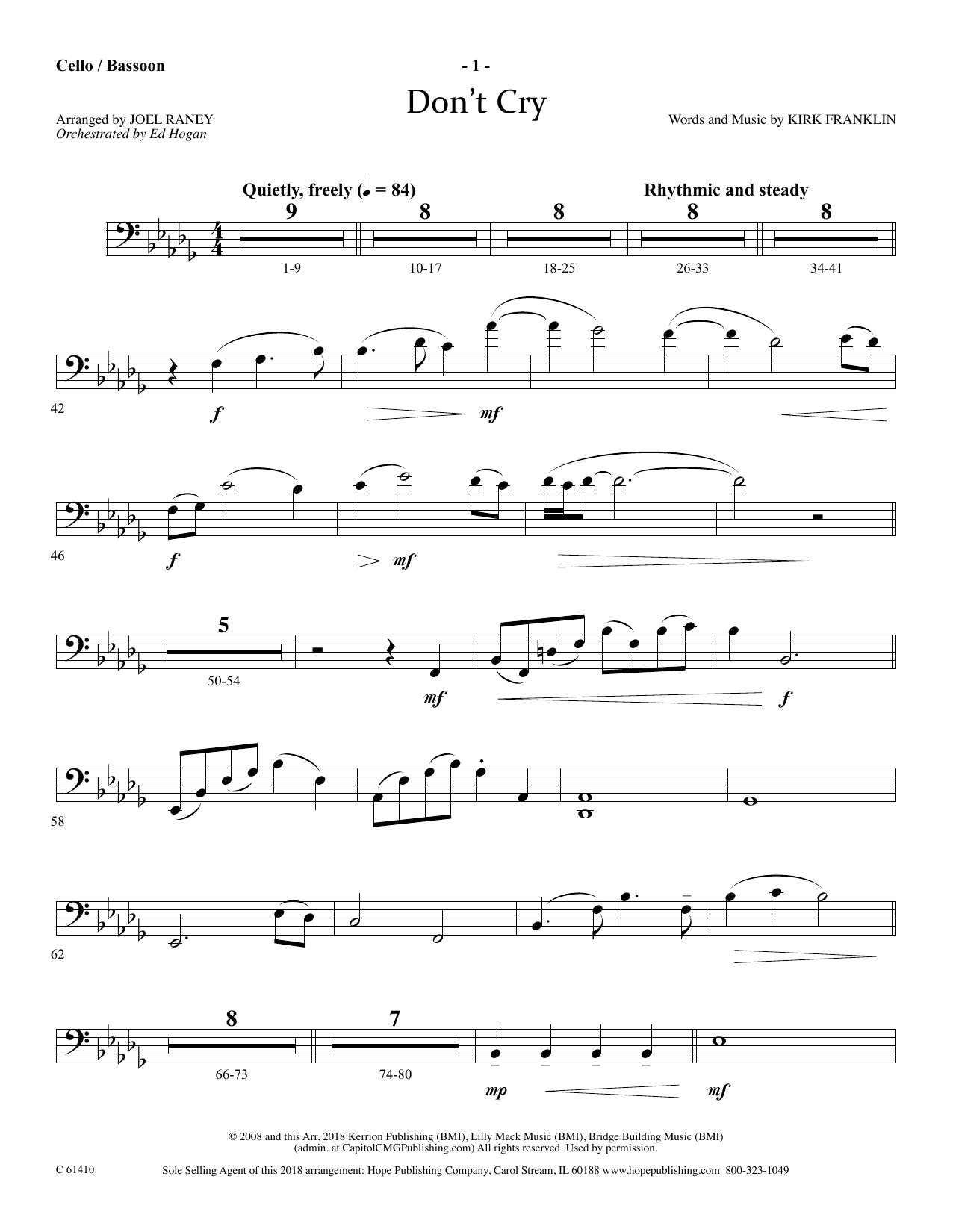 Joel Raney Don't Cry - Cello/Bassoon sheet music notes and chords arranged for Choir Instrumental Pak