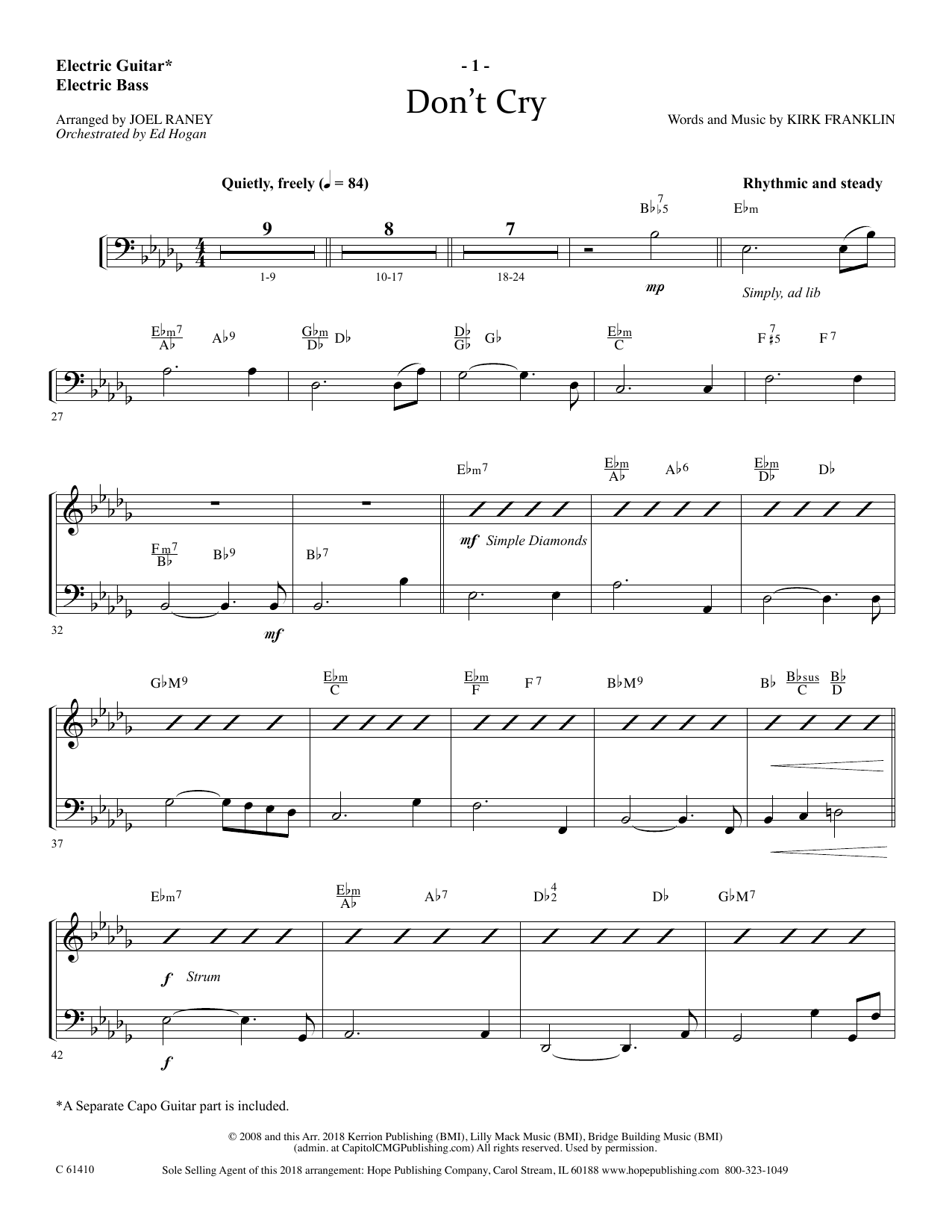 Joel Raney Don't Cry - Electric Guitar/Electric Bass sheet music notes and chords arranged for Choir Instrumental Pak