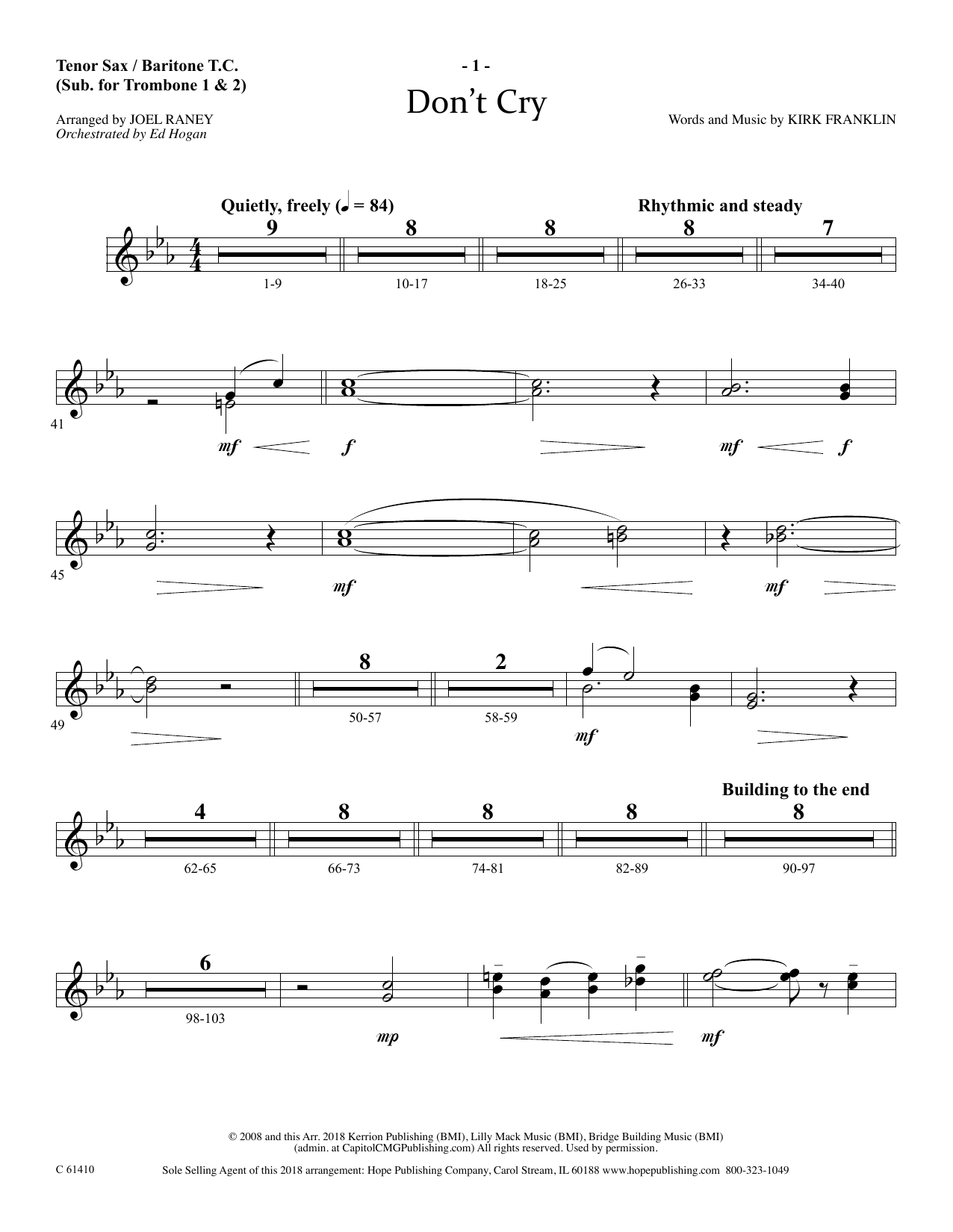 Joel Raney Don't Cry - Tenor Sax/BariTC (sub Tbn 1-2) sheet music notes and chords arranged for Choir Instrumental Pak