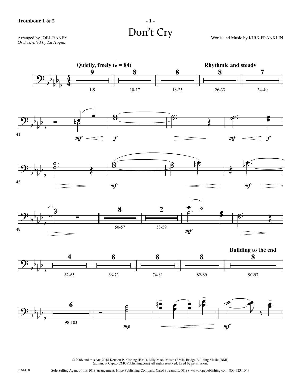 Joel Raney Don't Cry - Trombone 1 & 2 sheet music notes and chords arranged for Choir Instrumental Pak