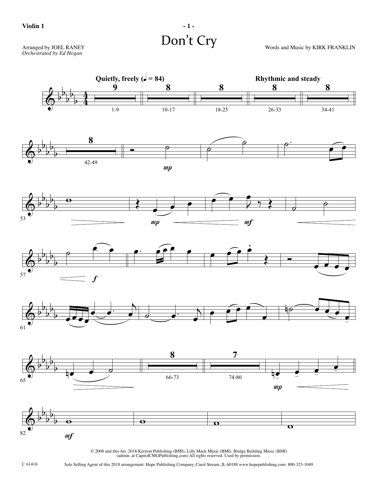 Joel Raney Don't Cry - Violin 1 sheet music notes and chords arranged for Choir Instrumental Pak