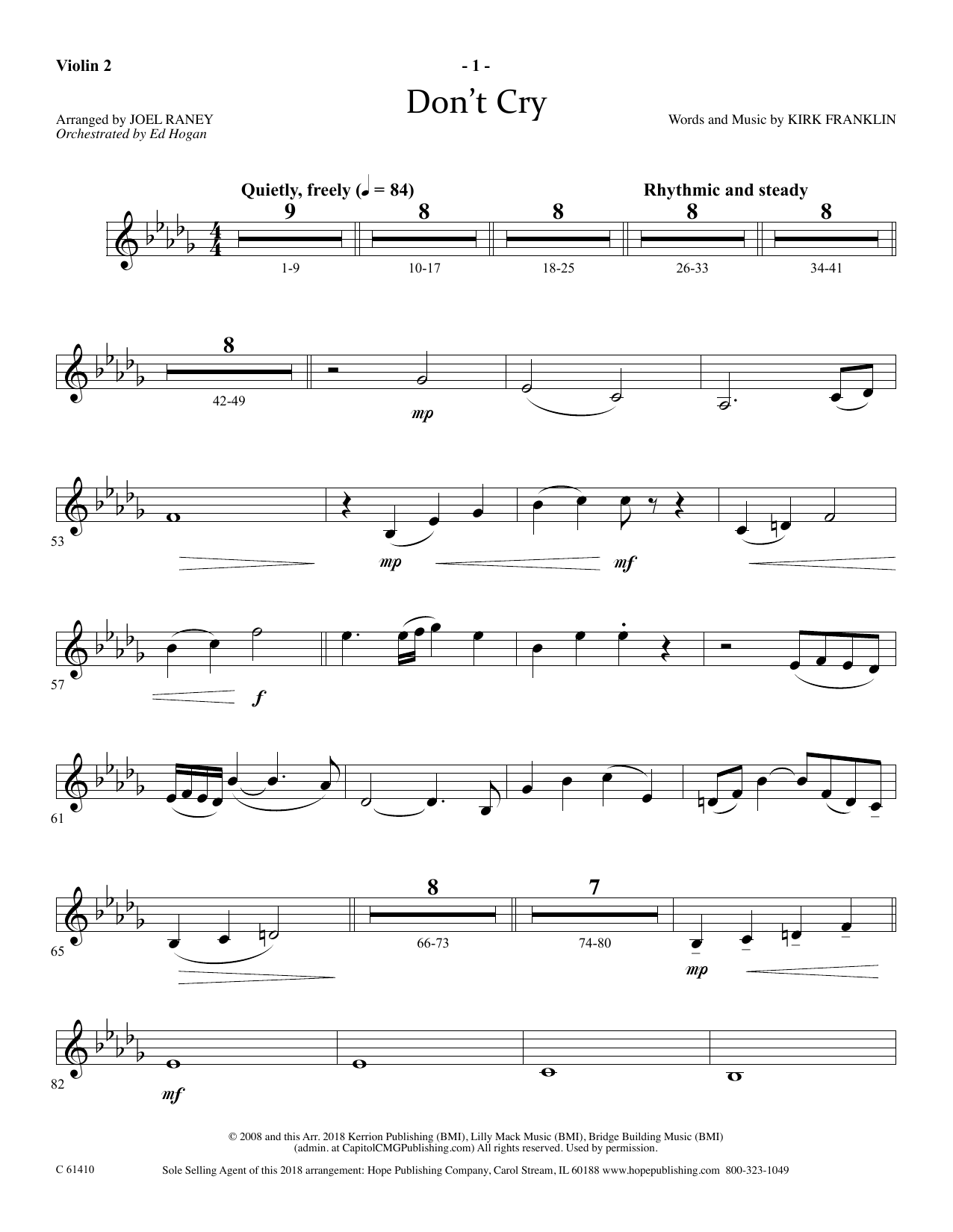 Joel Raney Don't Cry - Violin 2 sheet music notes and chords arranged for Choir Instrumental Pak