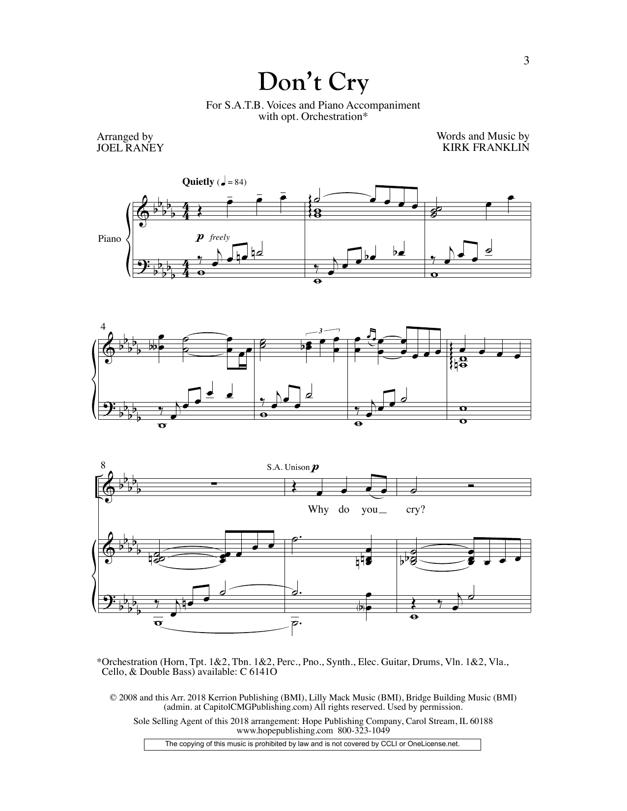 Joel Raney Don't Cry sheet music notes and chords arranged for SATB Choir