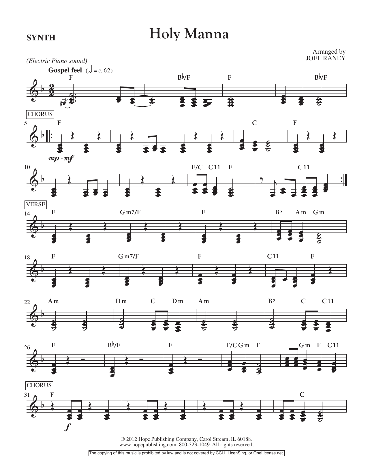 Joel Raney Holy Manna - Synthesizer sheet music notes and chords arranged for Choir Instrumental Pak