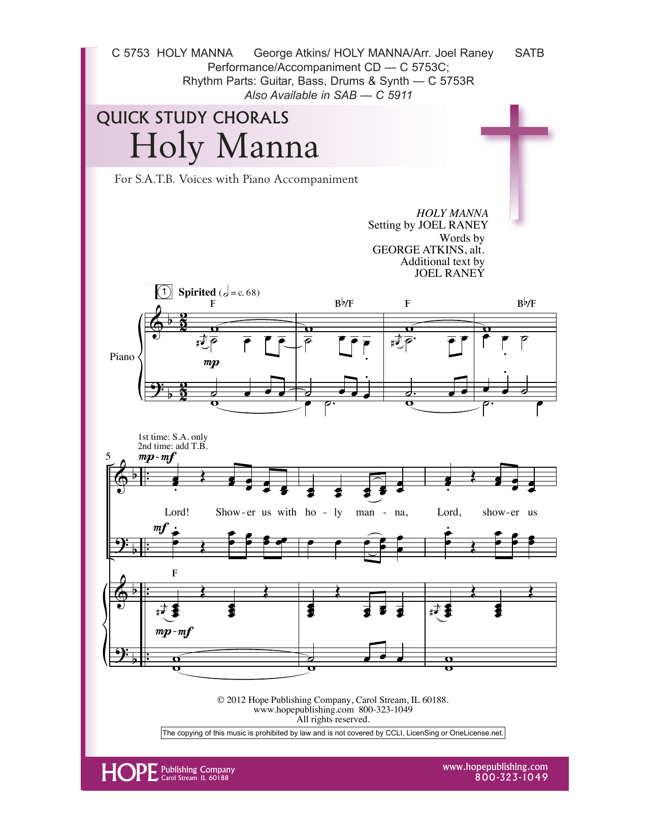 Joel Raney Holy Manna sheet music notes and chords arranged for SAB Choir