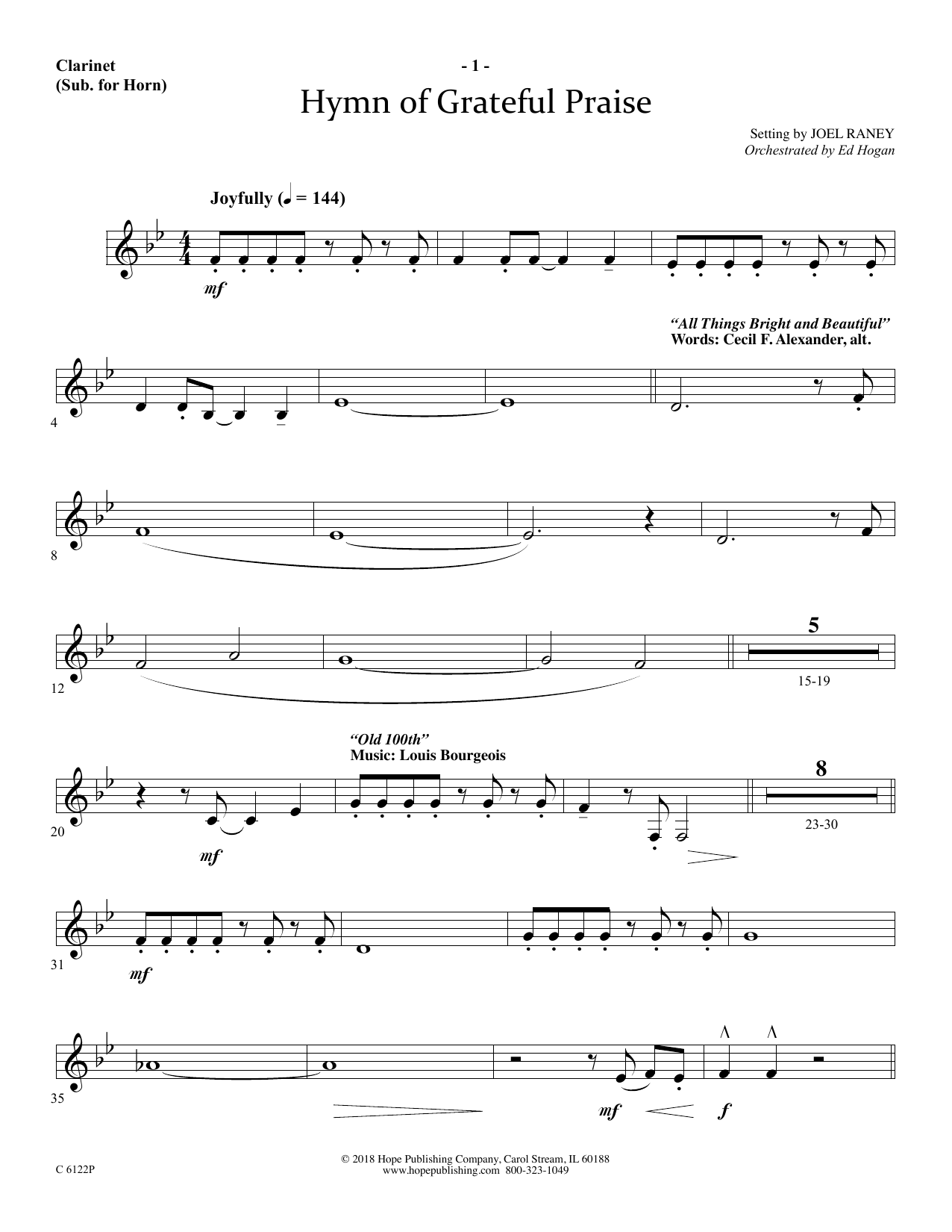 Joel Raney Hymn Of Grateful Praise - Clarinet (sub. Horn) sheet music notes and chords arranged for Choir Instrumental Pak
