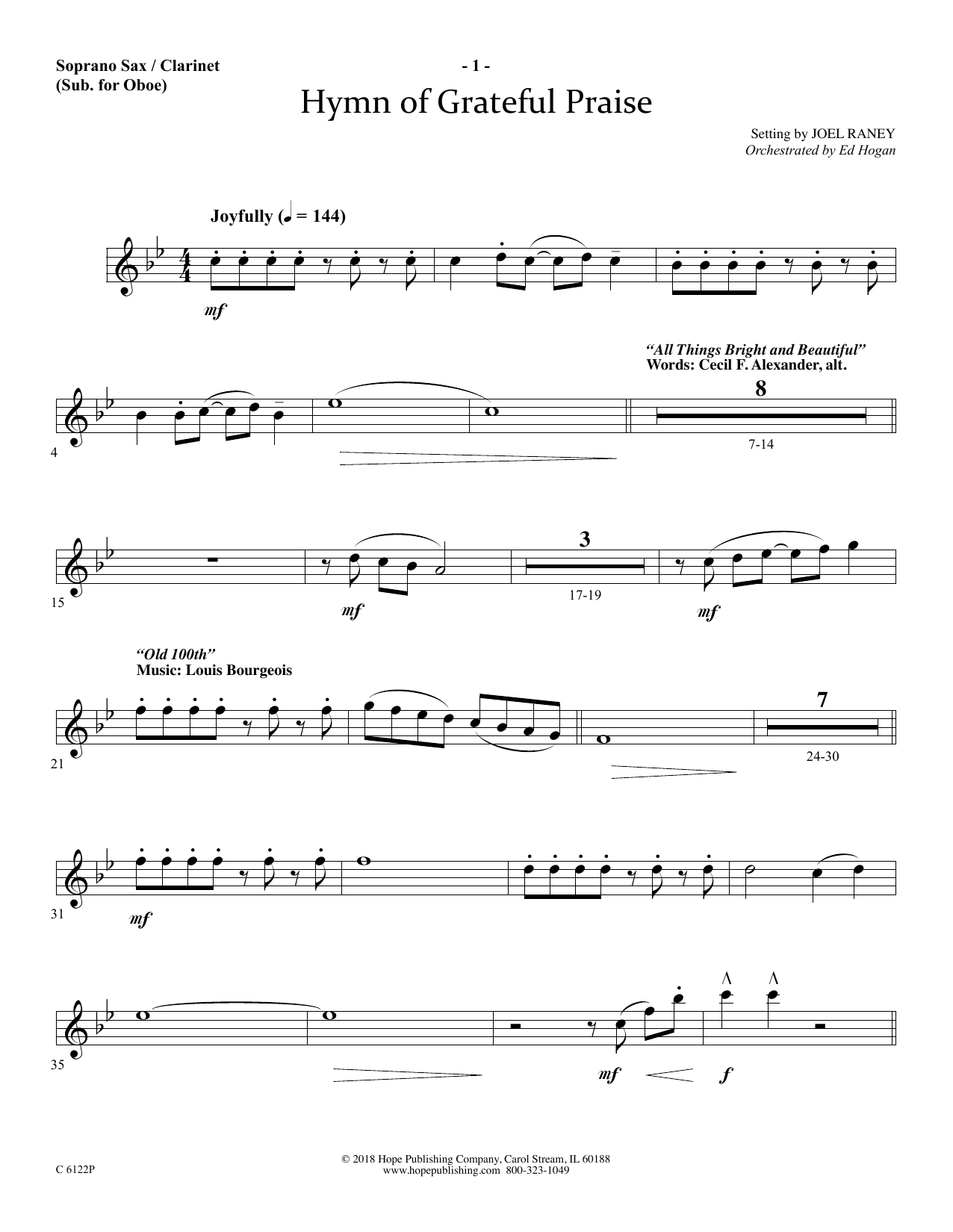 Joel Raney Hymn Of Grateful Praise - Soprano Sax/Clarinet(sub oboe) sheet music notes and chords arranged for Choir Instrumental Pak