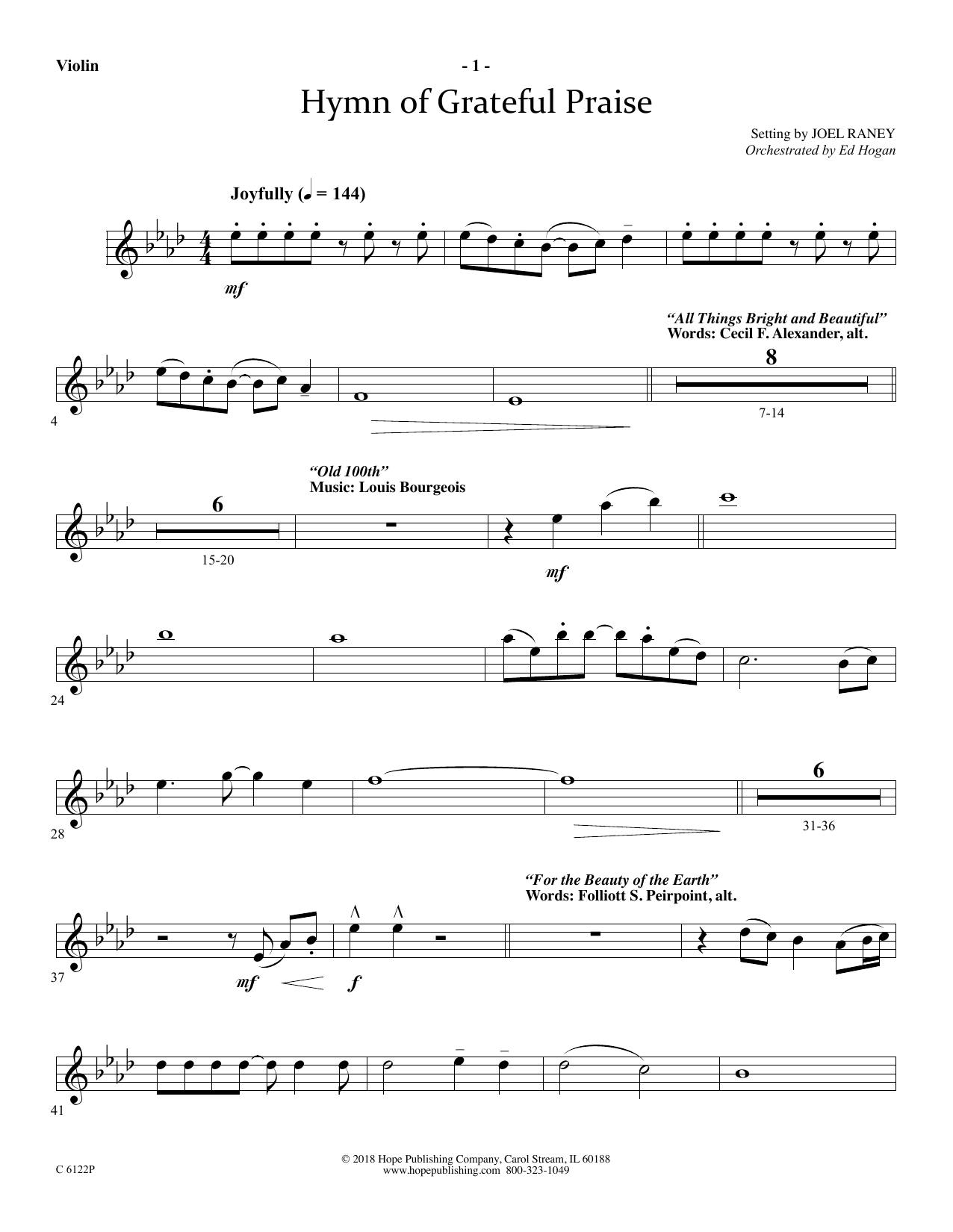 Joel Raney Hymn Of Grateful Praise - Violin sheet music notes and chords arranged for Choir Instrumental Pak