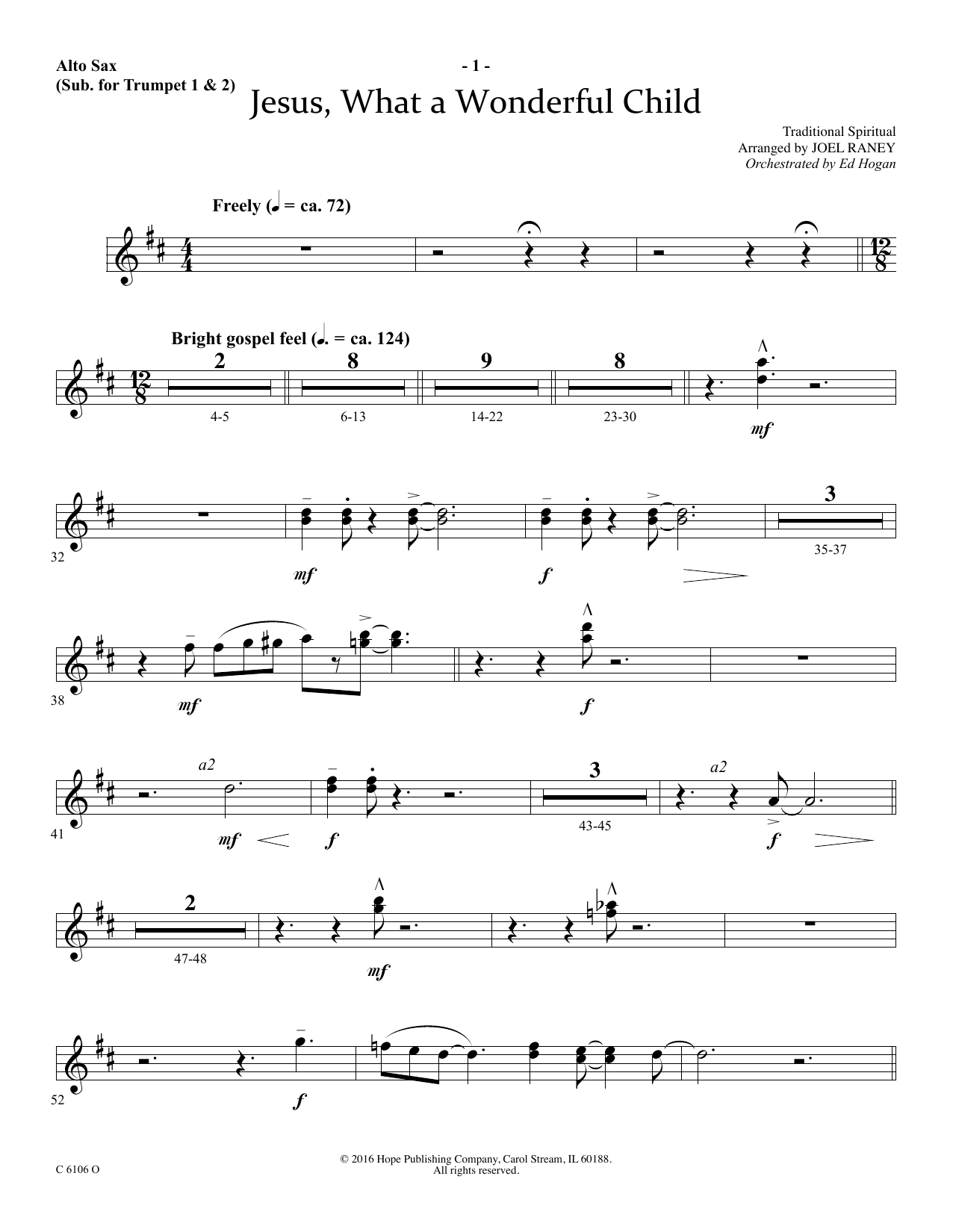 Joel Raney Jesus, What a Wonderful Child - Alto Sax (sub. Trumpet 2) sheet music notes and chords arranged for Choir Instrumental Pak