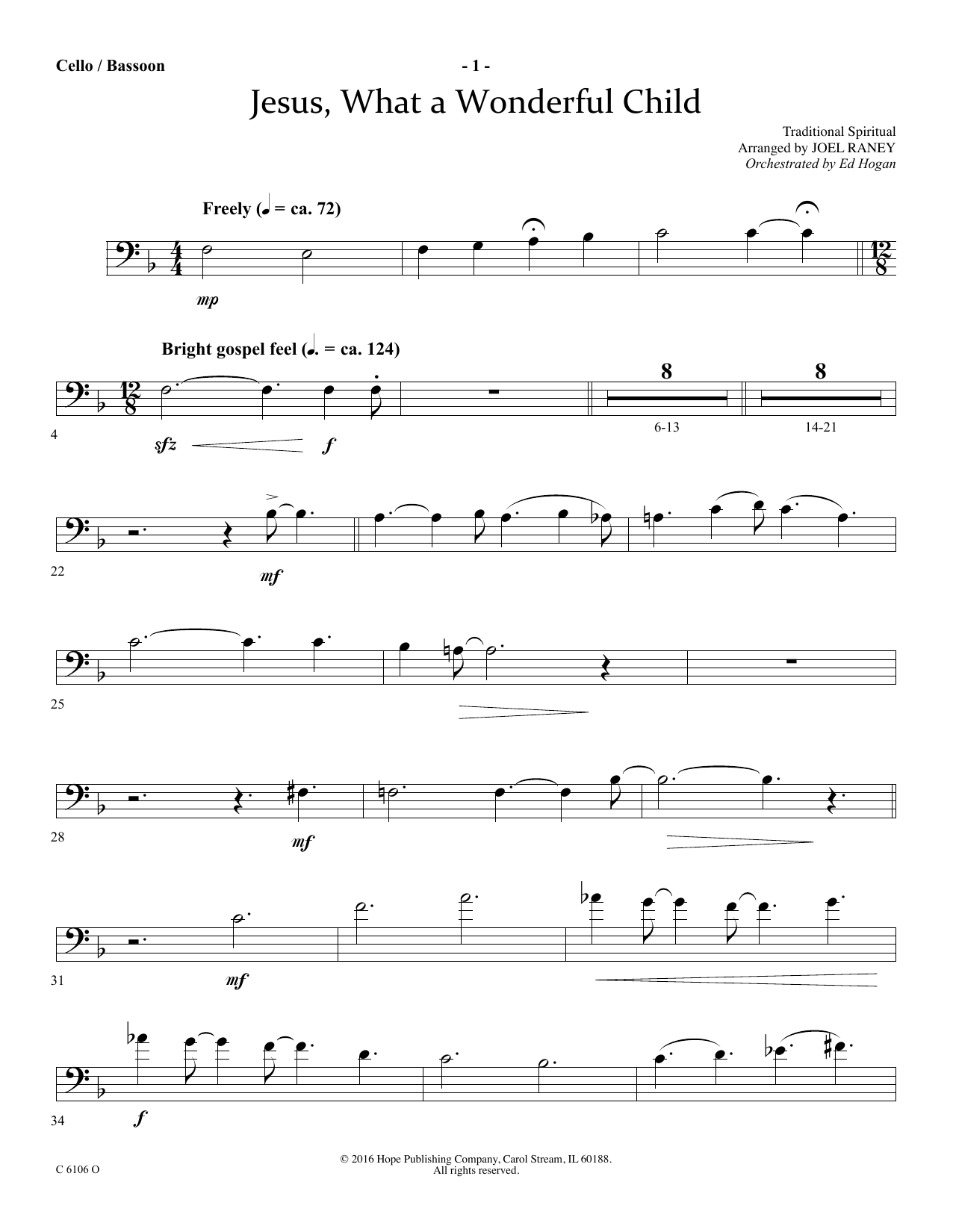 Joel Raney Jesus, What a Wonderful Child - Cello/Bassoon sheet music notes and chords arranged for Choir Instrumental Pak