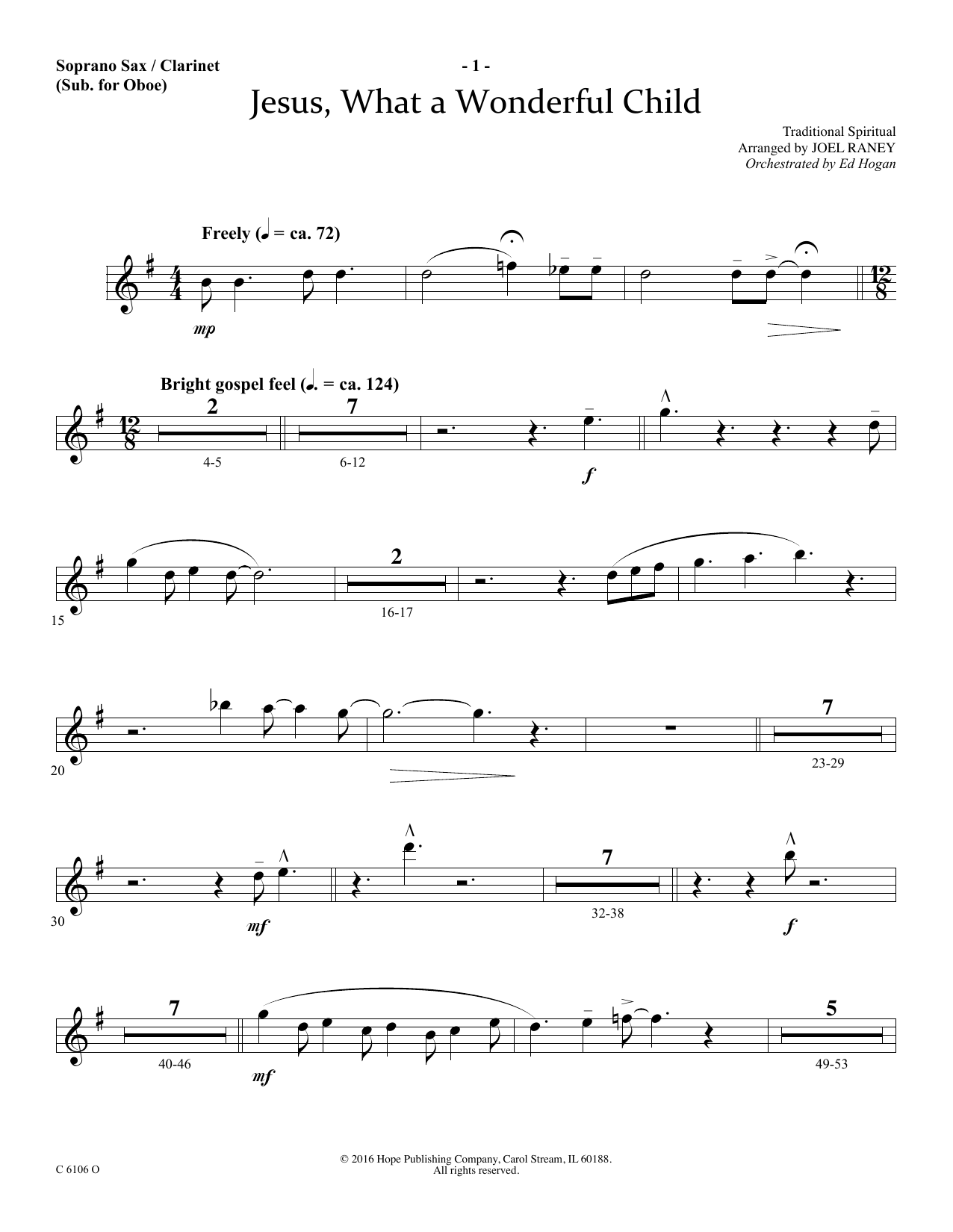 Joel Raney Jesus, What a Wonderful Child - Soprano Sax/Clarinet(sub oboe) sheet music notes and chords arranged for Choir Instrumental Pak