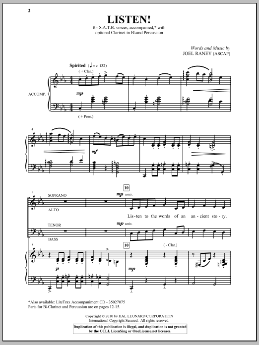 Joel Raney Listen! sheet music notes and chords arranged for SATB Choir
