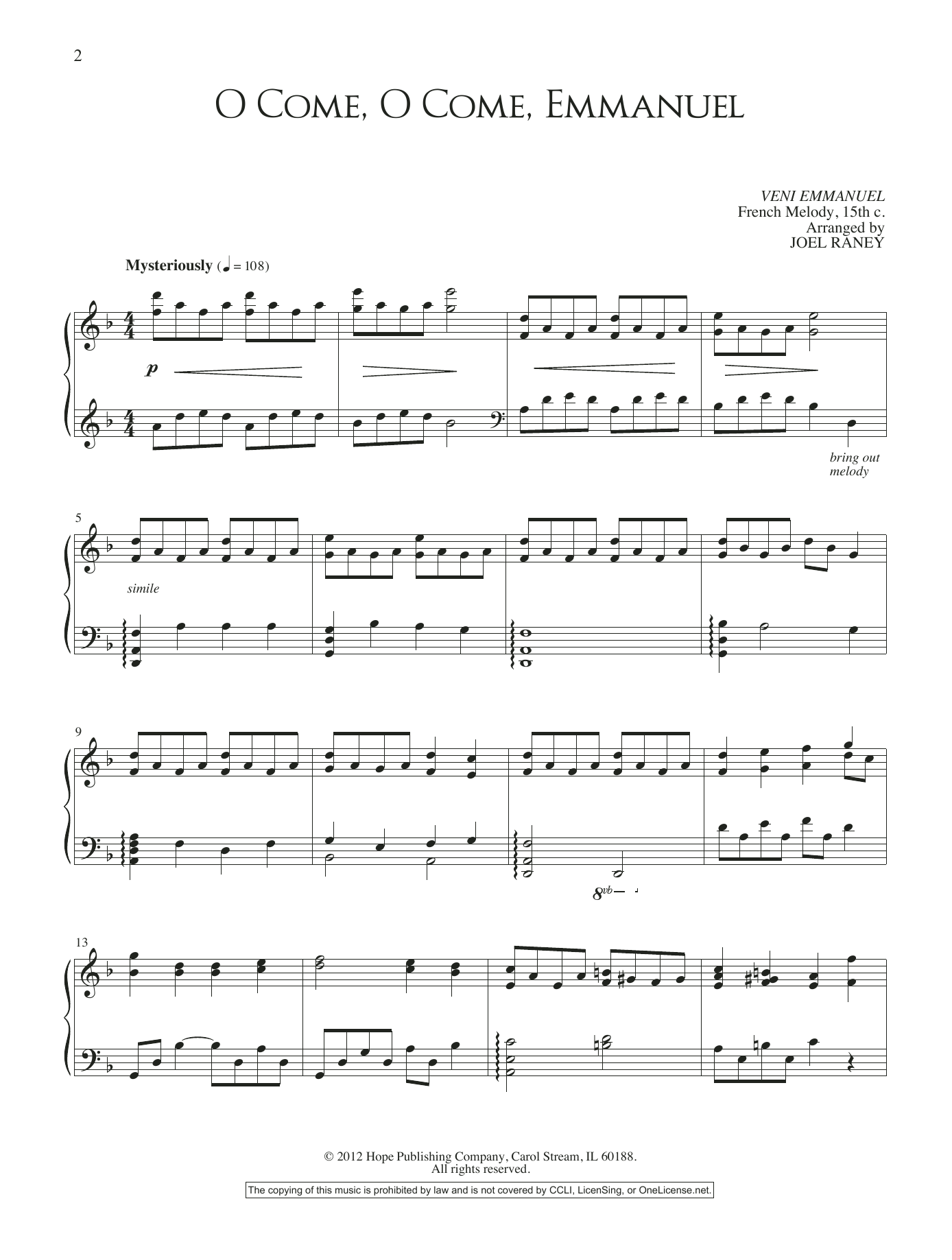 Joel Raney O Come, O Come, Emmanuel sheet music notes and chords arranged for Piano Solo