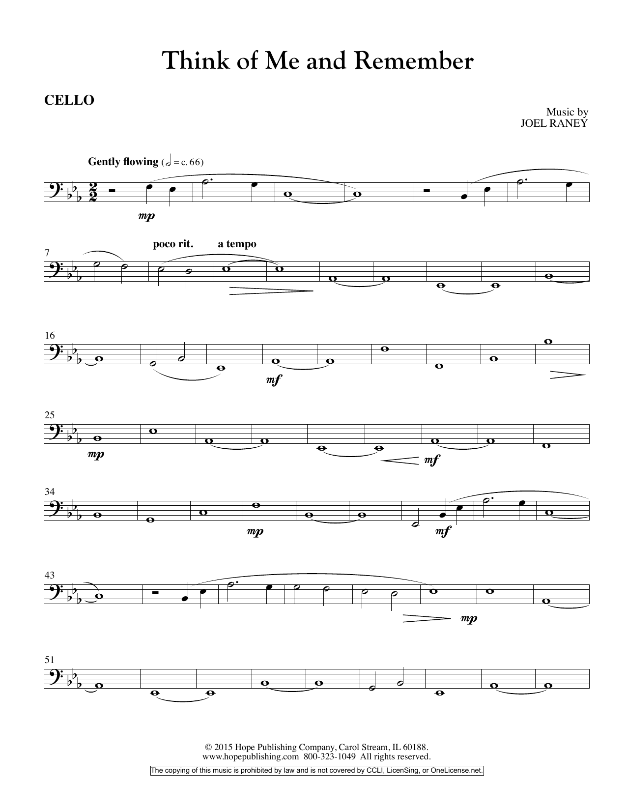 Joel Raney Think Of Me And Remember - Cello sheet music notes and chords arranged for Choir Instrumental Pak