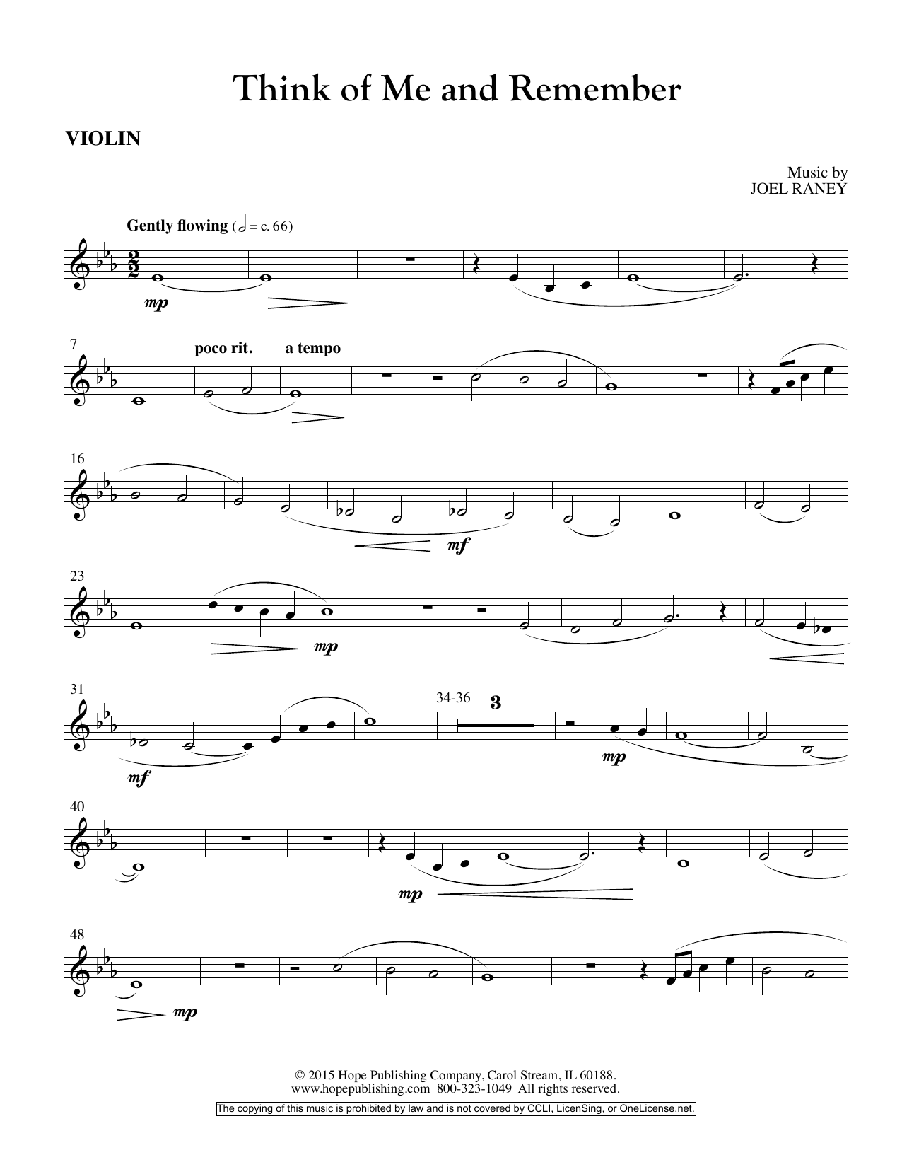 Joel Raney Think Of Me And Remember - Violin sheet music notes and chords arranged for Choir Instrumental Pak