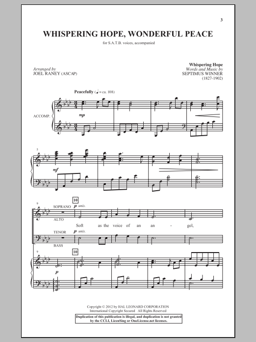 Joel Raney Whispering Hope, Wonderful Peace sheet music notes and chords arranged for SATB Choir