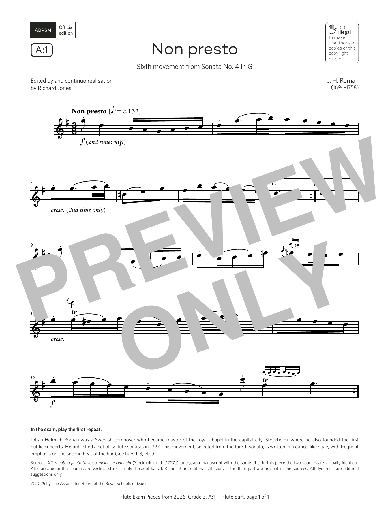 Johan Helmich Roman Non presto (Grade 3, list A1, from the ABRSM Flute Syllabus from 2026) sheet music notes and chords arranged for Flute Solo