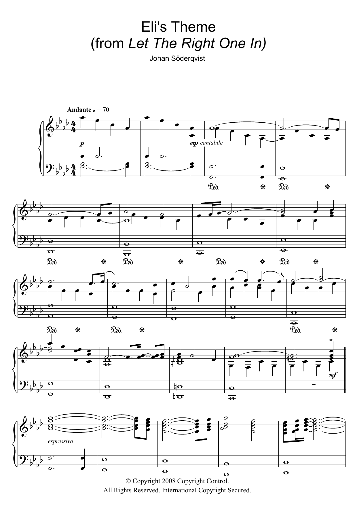 Johan Soderqvist Eli's Theme (from Let The Right One In) sheet music notes and chords arranged for Piano Solo