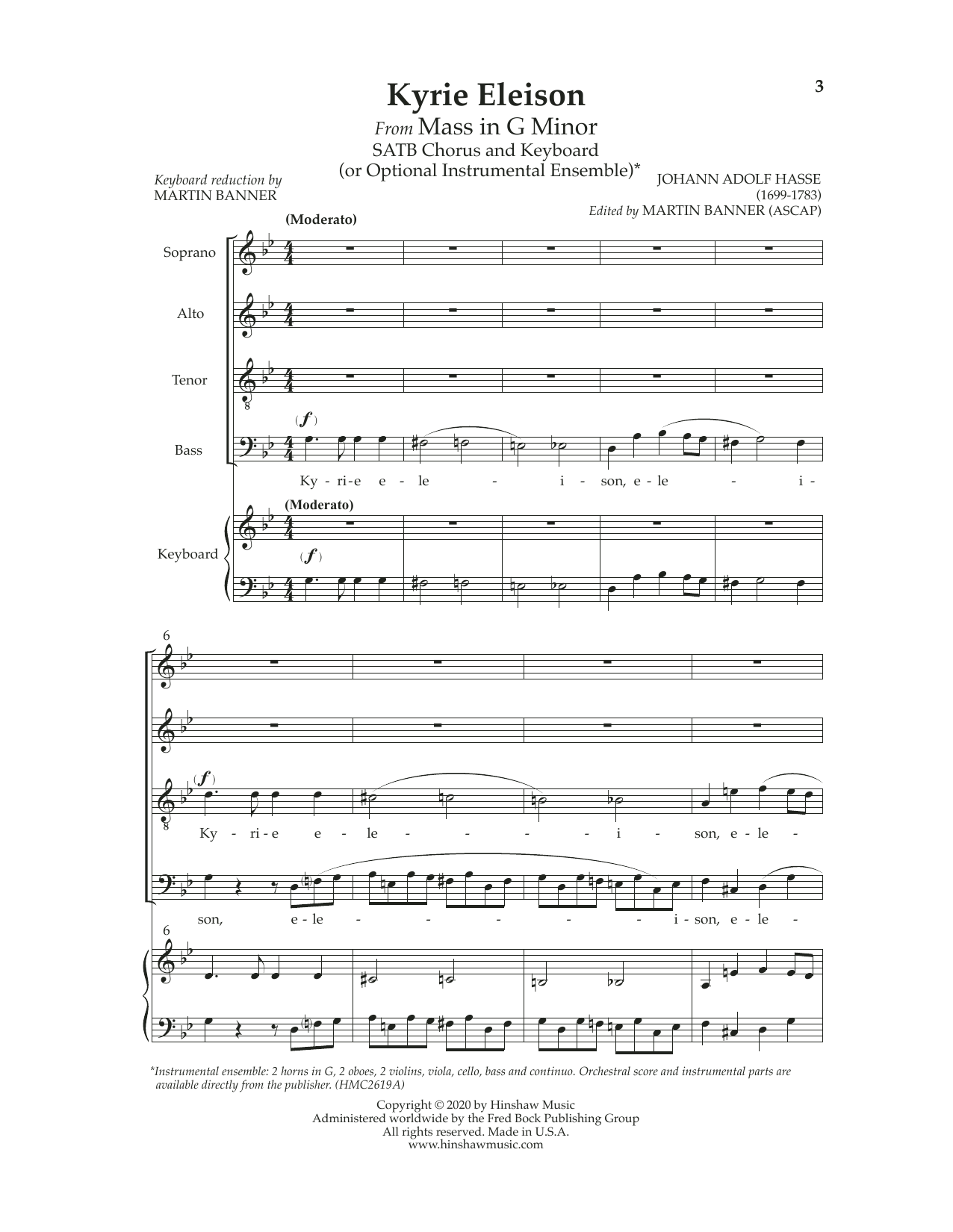 Johann Adolf Hasse Kyrie Eleison (from Mass In G Minor) sheet music notes and chords arranged for SATB Choir