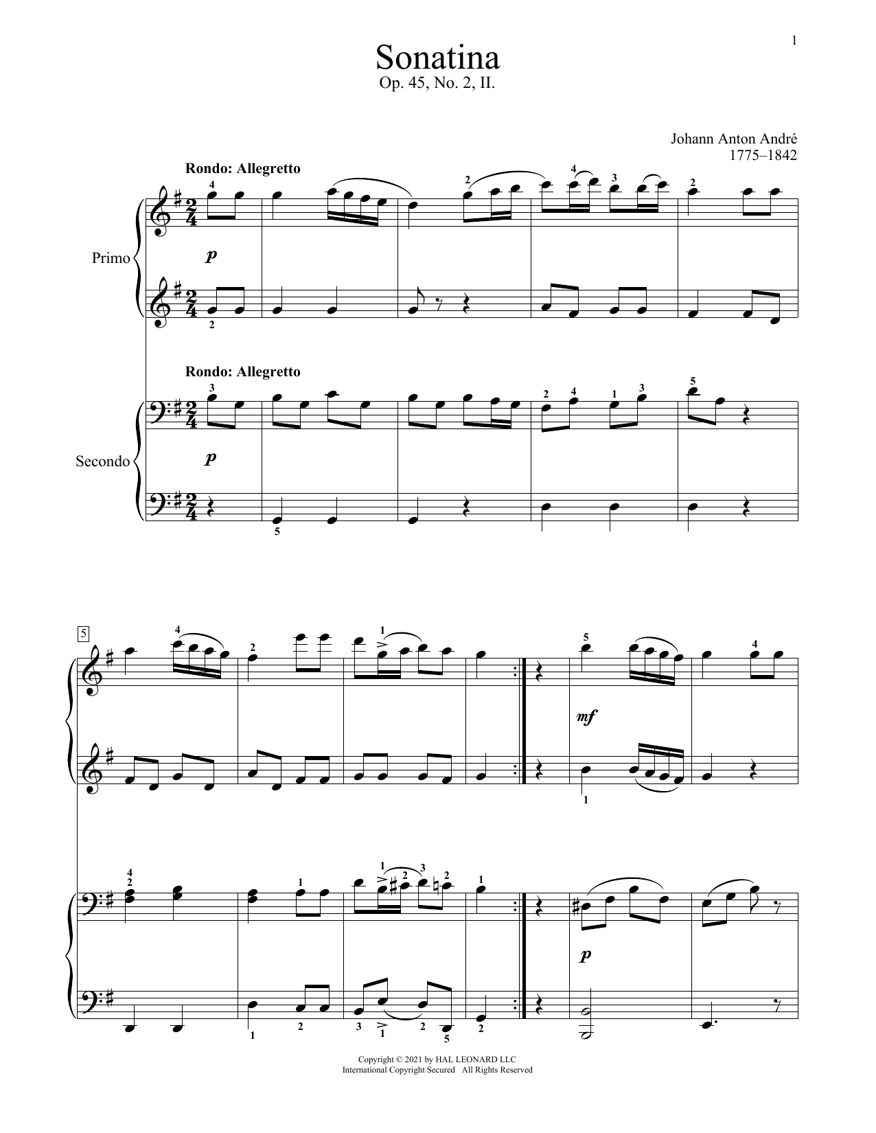 Johann Anton Andre Sonatina, Op. 45, No. 2 (II. Rondo) sheet music notes and chords arranged for Piano Duet