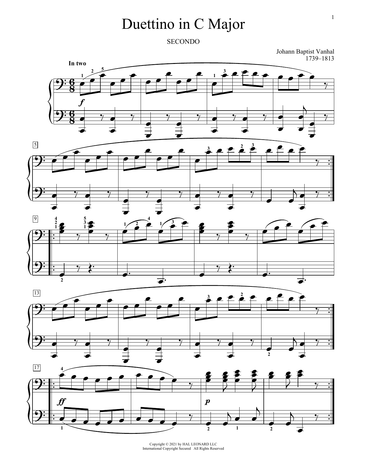 Johann Baptist Vanhal Duettino In C Major sheet music notes and chords arranged for Piano Duet