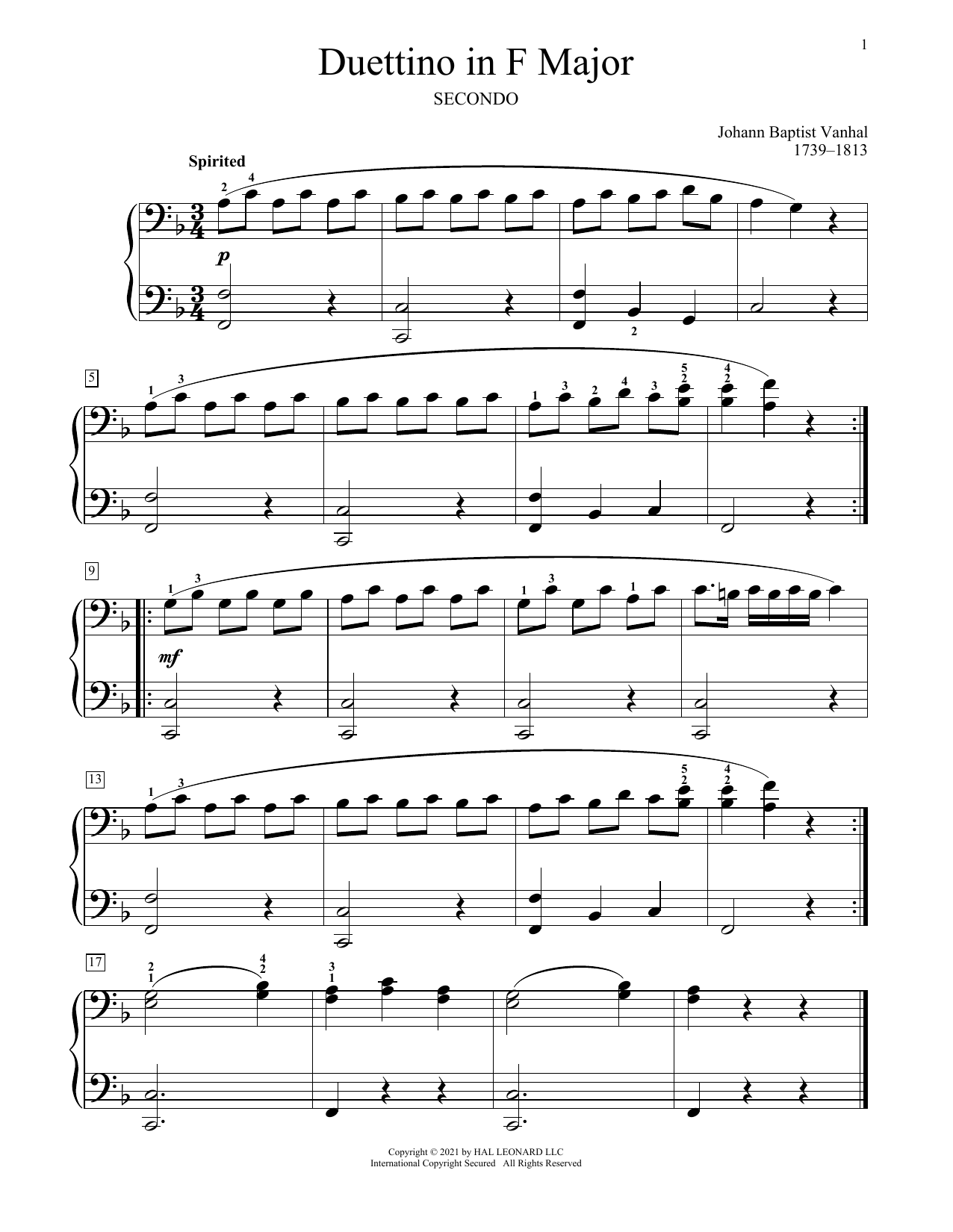 Johann Baptist Vanhal Duettino In F Major sheet music notes and chords arranged for Piano Duet