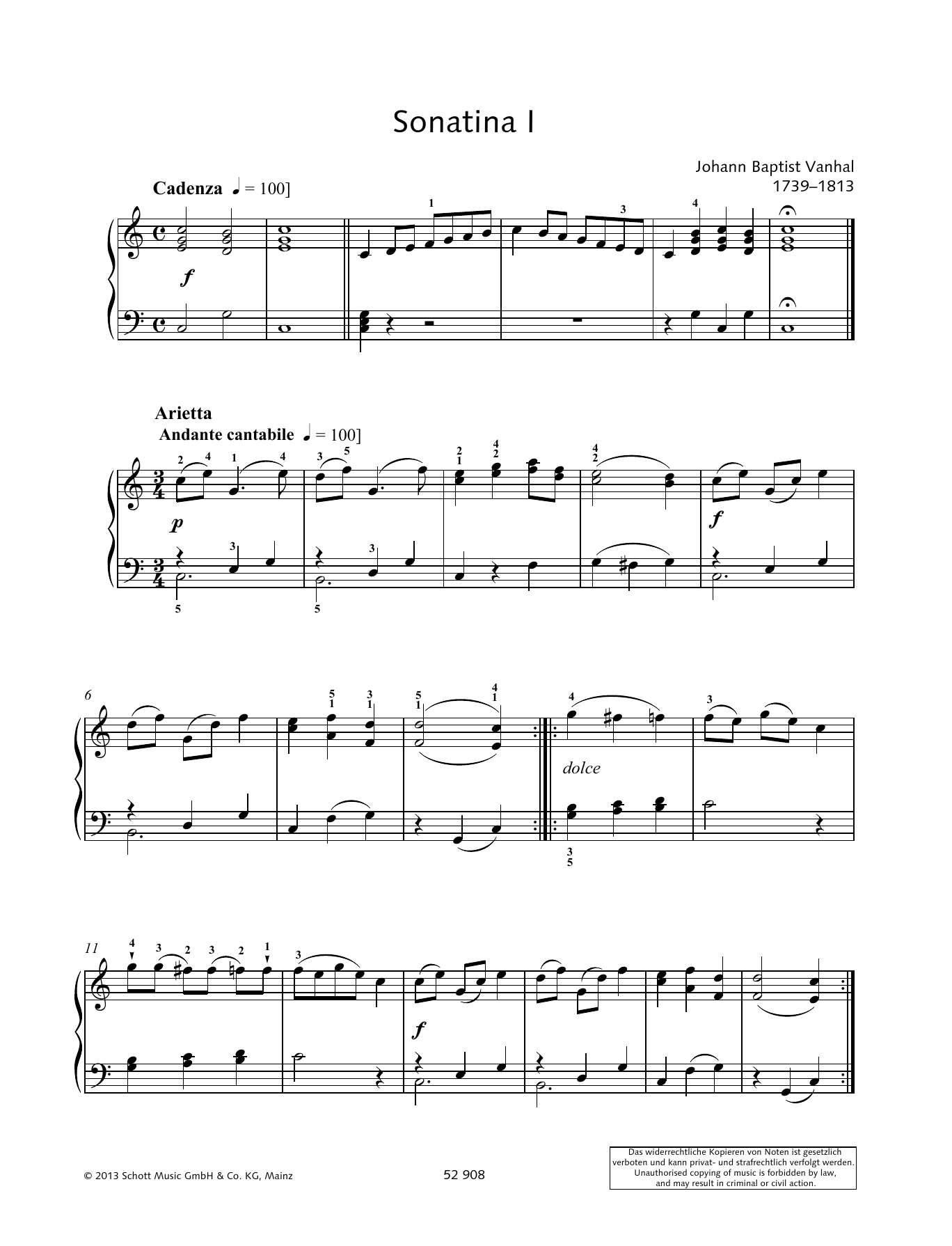 Johann Baptist Vanhal Sonatina I sheet music notes and chords arranged for Piano Solo