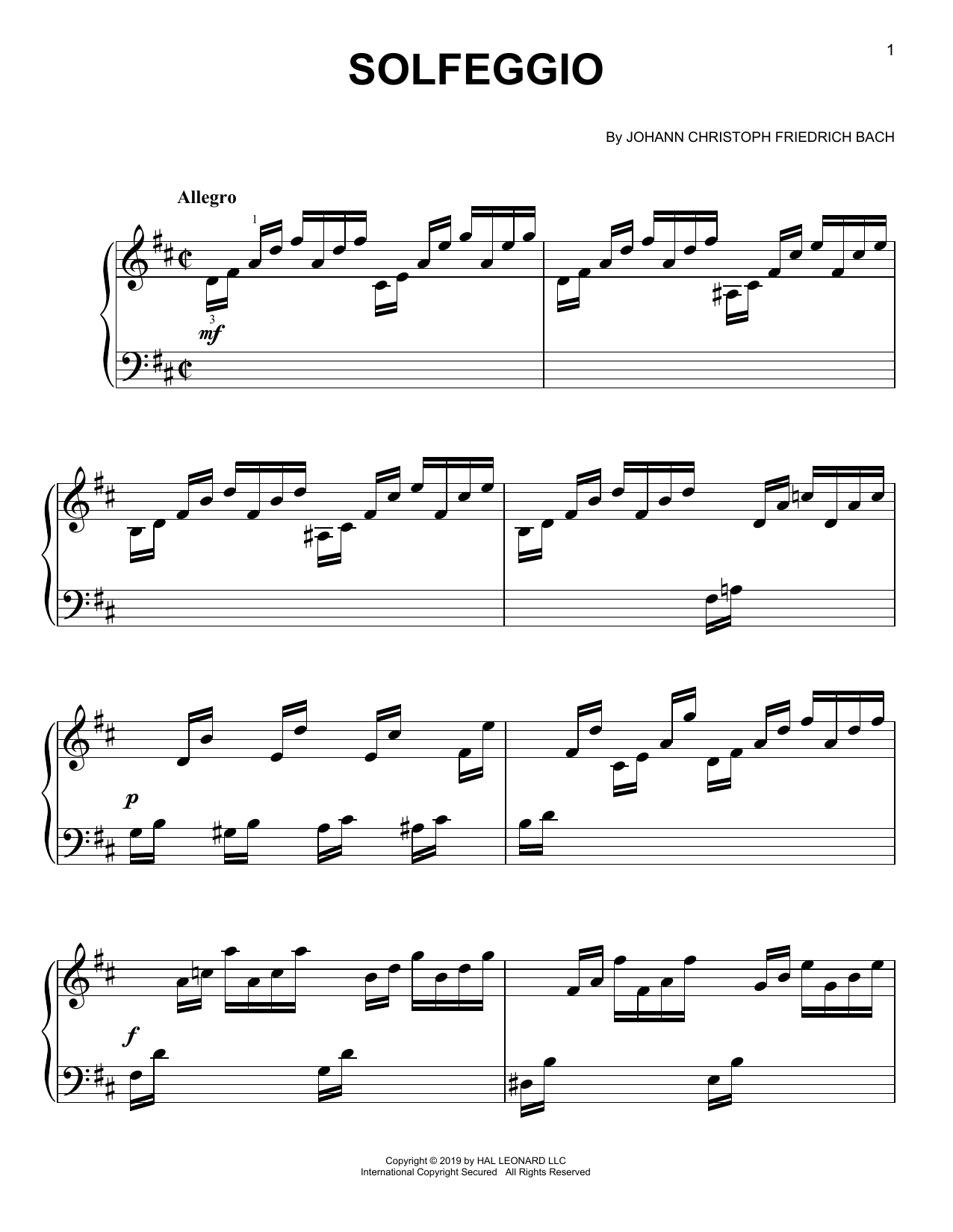 Johann C.F. Bach Solfeggio sheet music notes and chords arranged for Easy Piano