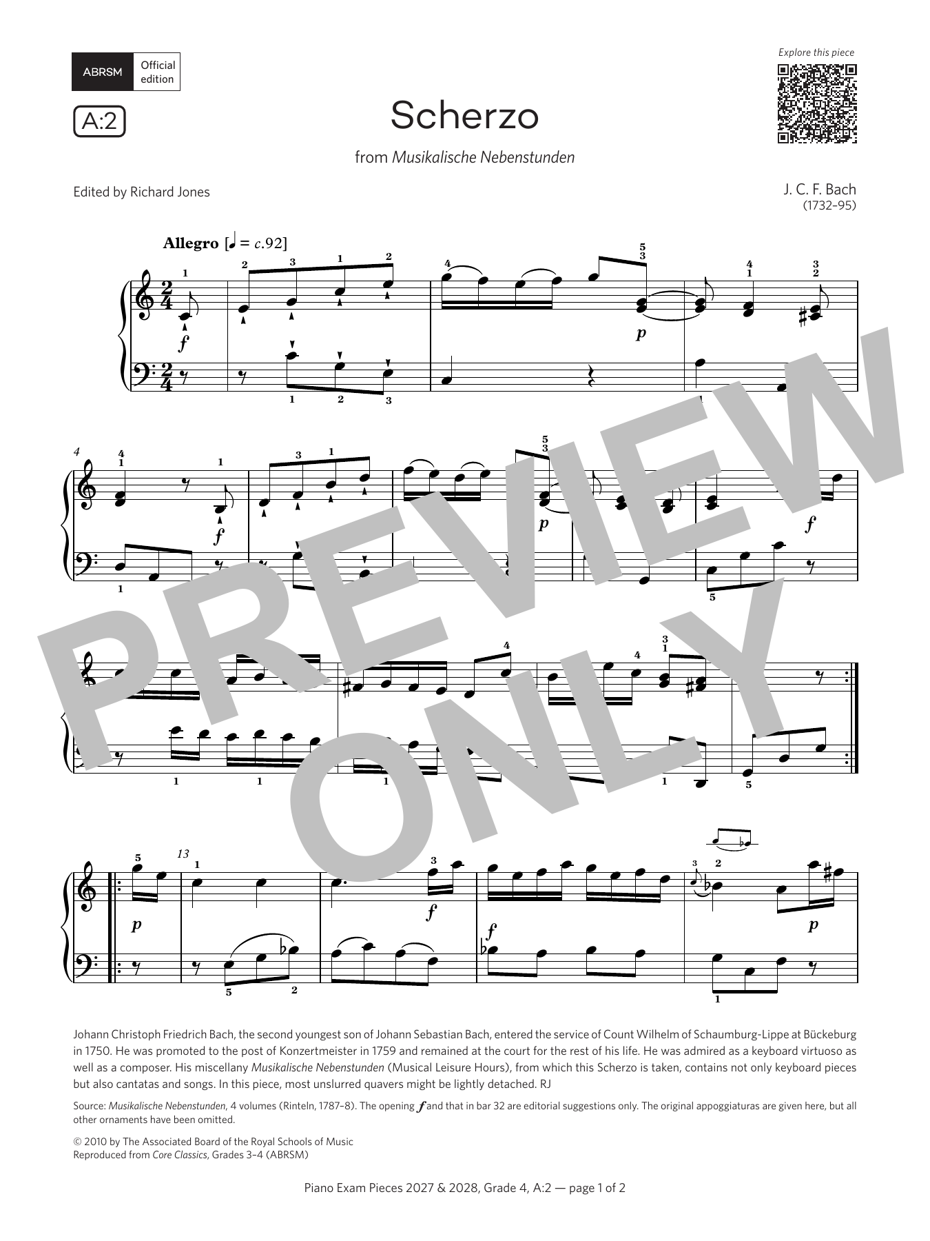 Johann Christoph Friedrich Bach Scherzo (Grade 4, list A2, from the ABRSM Piano Syllabus 2027 & 2028) sheet music notes and chords arranged for Piano Solo