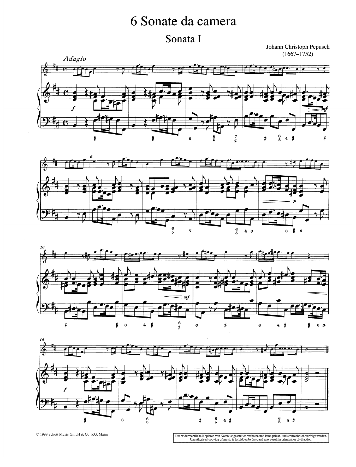 Johann Christoph Pepusch Sonata No. 1 sheet music notes and chords arranged for String Solo