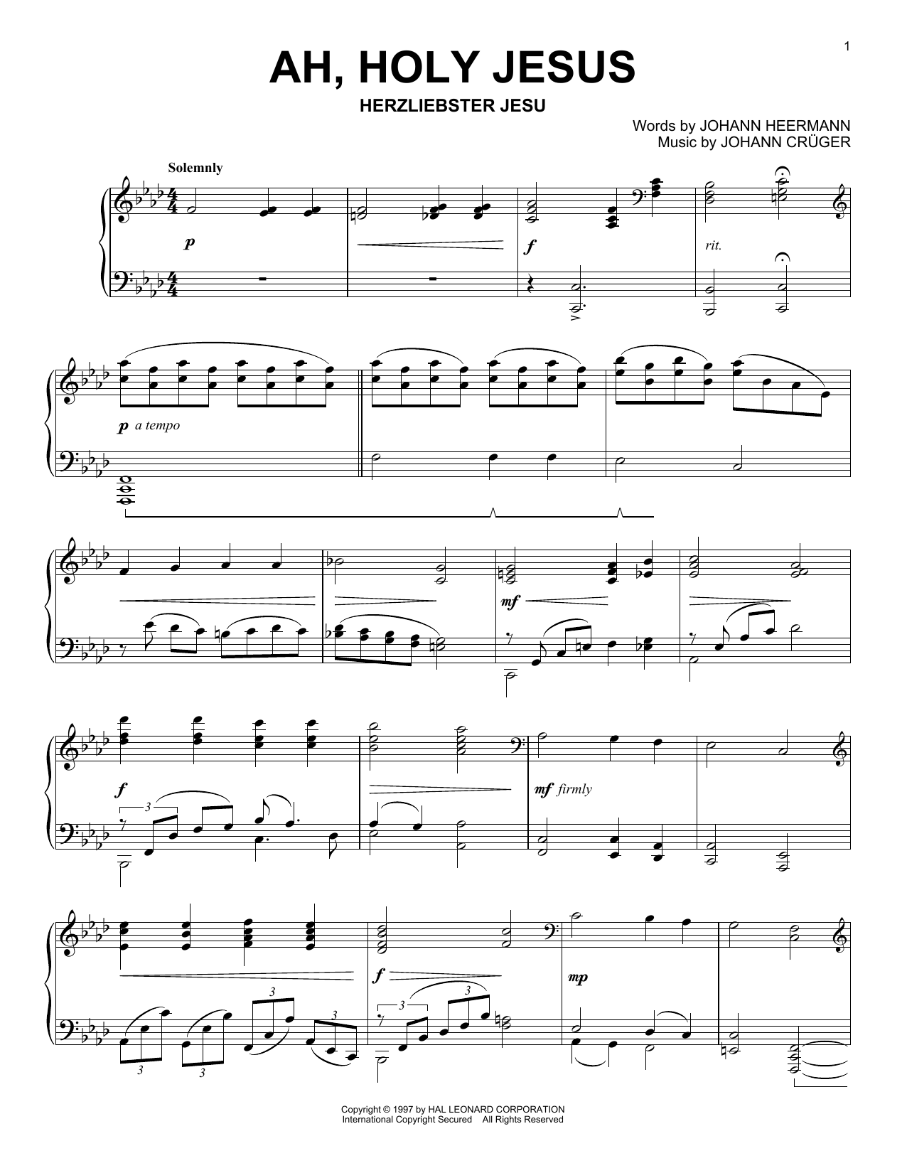 Johann Crüger Ah, Holy Jesus sheet music notes and chords arranged for Piano Solo