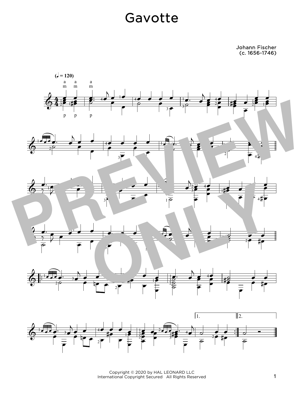 Johann Fischer Gavotte sheet music notes and chords arranged for Solo Guitar