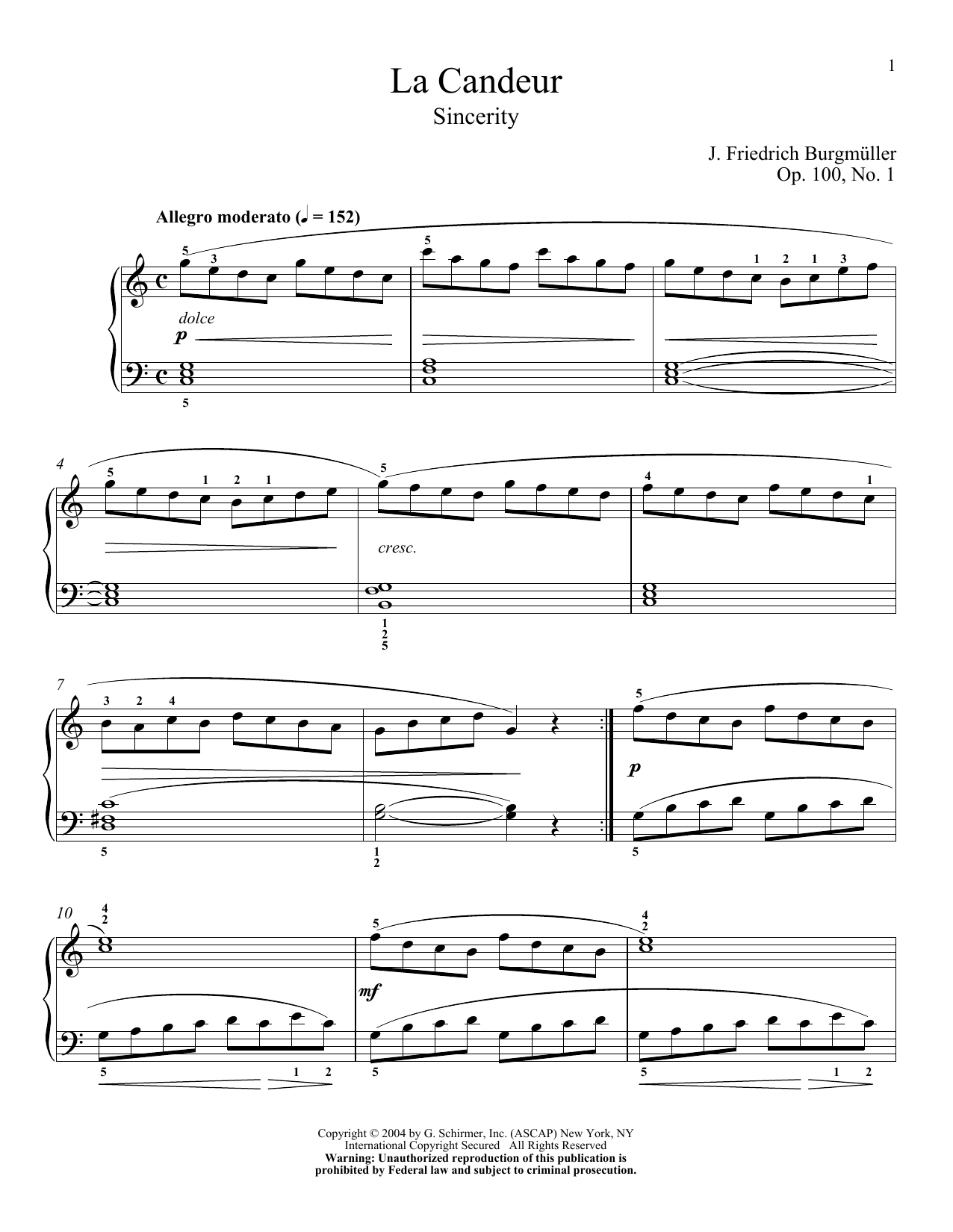 Johann Friedrich Burgmuller Sincerity (La Candeur), Op. 100, No. 1 sheet music notes and chords arranged for Piano Solo