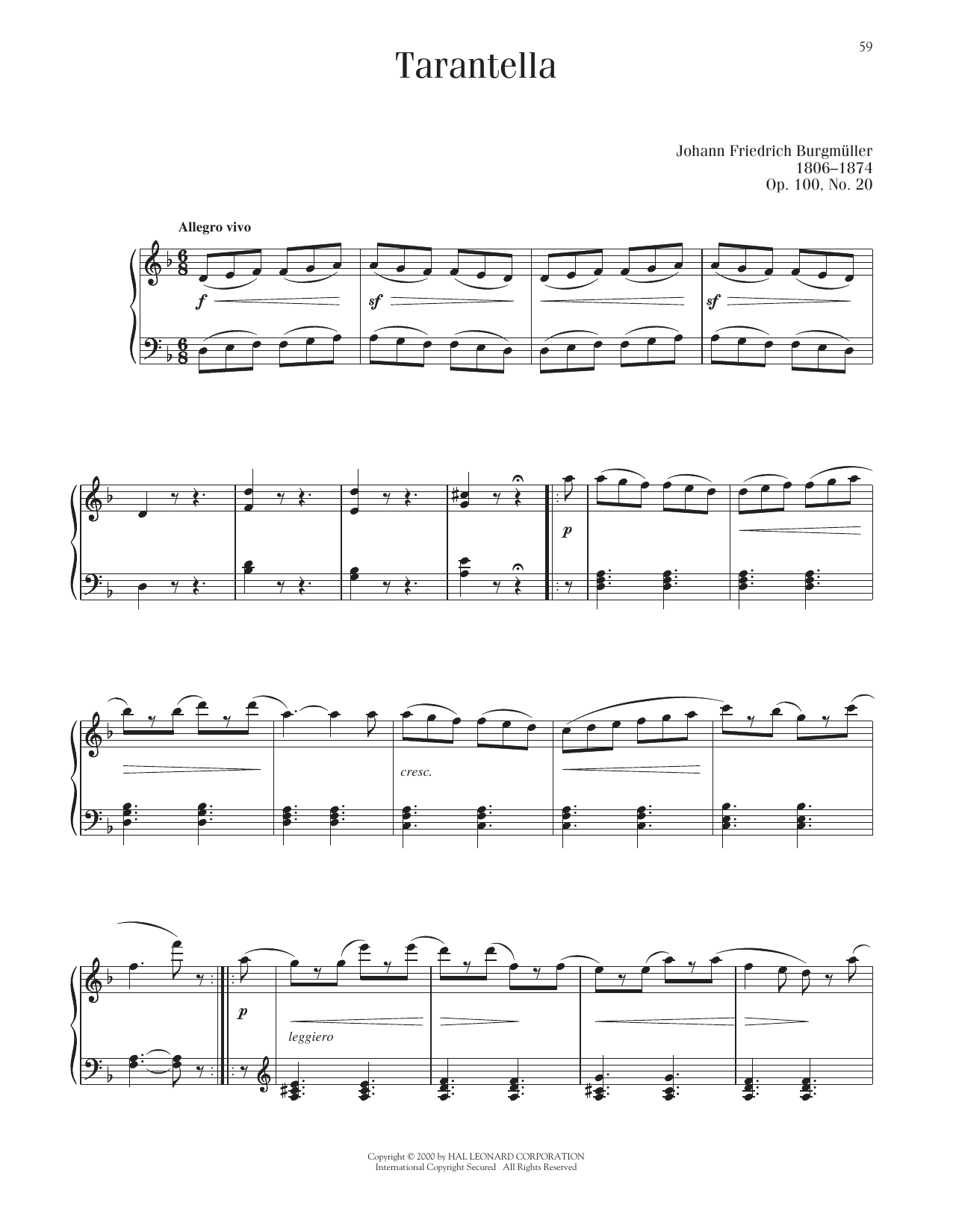 Johann Friedrich Burgmuller Tarantella, Op. 100, No. 20 sheet music notes and chords arranged for Piano Solo