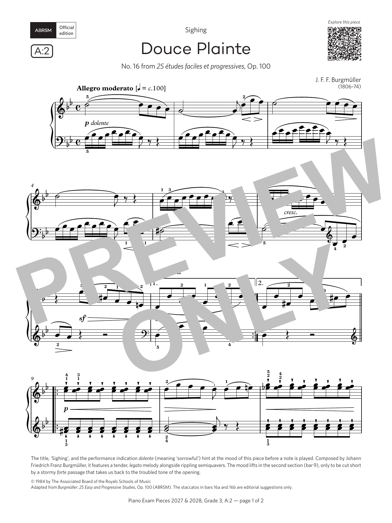Johann Friedrich Franz Burgmüller Douce Plainte (Grade 3, list A2, from the ABRSM Piano Syllabus 2027 & 2028) sheet music notes and chords arranged for Piano Solo