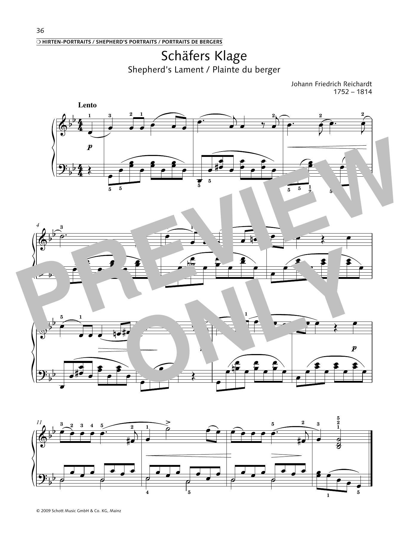 Johann Friedrich Reichardt Shepherd's Lament sheet music notes and chords arranged for Piano Solo