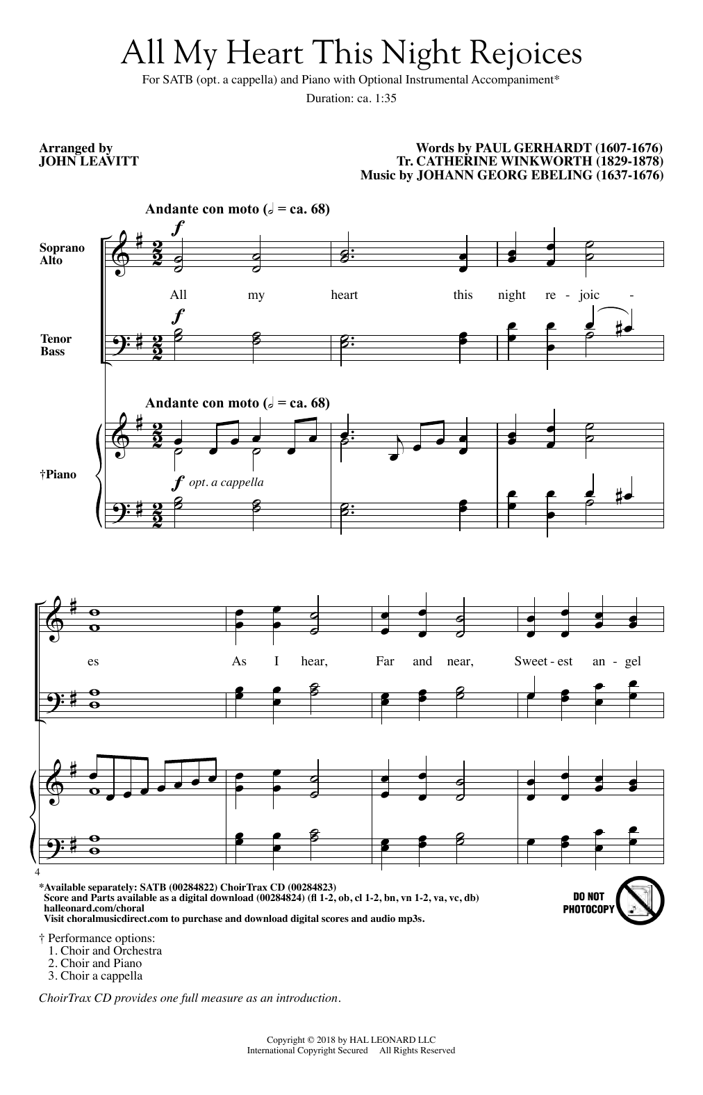 Johann Georg Ebeling All My Heart This Night Rejoices (arr. John Leavitt) sheet music notes and chords arranged for SATB Choir
