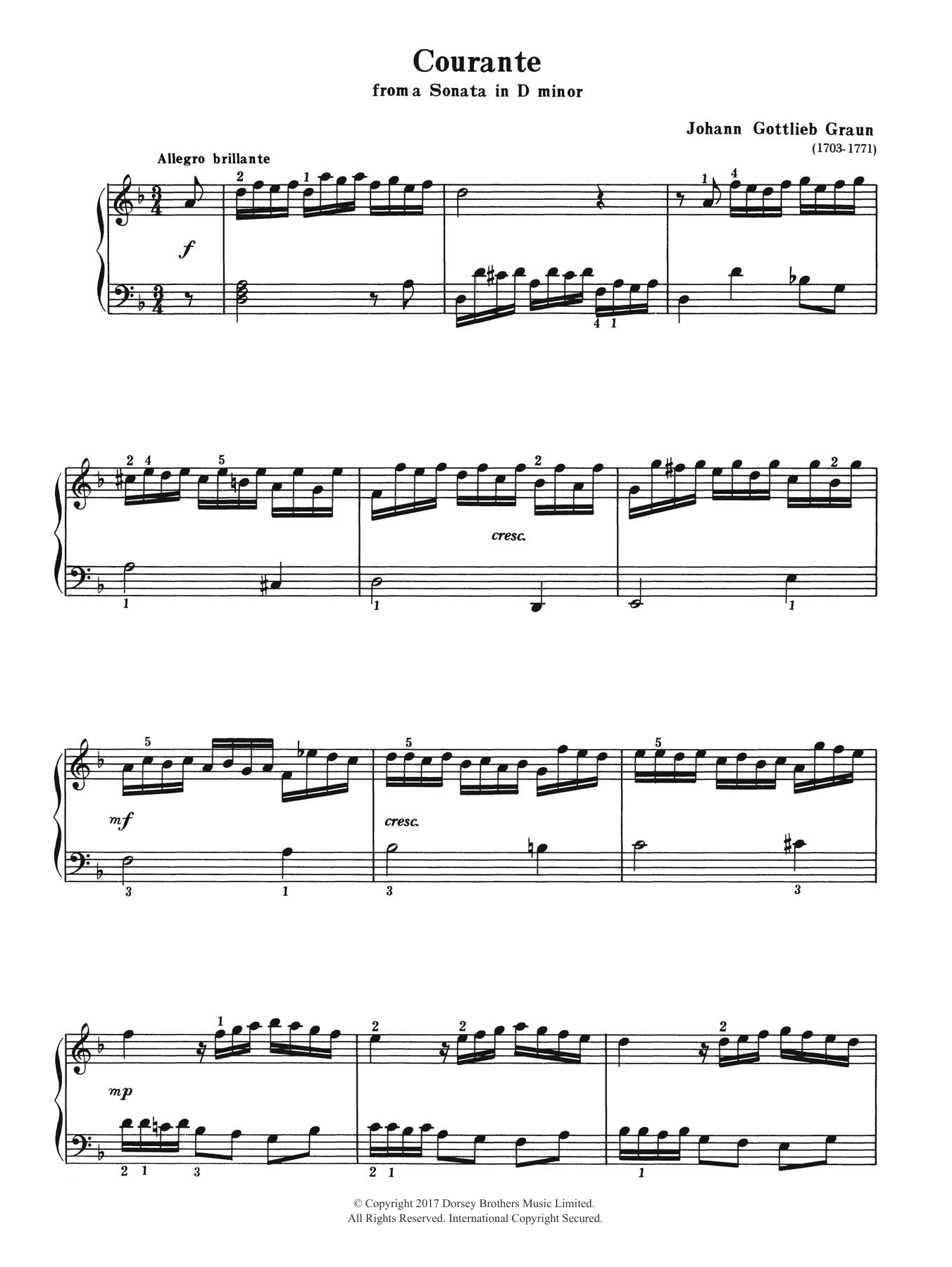 Johann Gottlieb Graun Courante (from a Sonata in D Minor) sheet music notes and chords arranged for Piano Solo