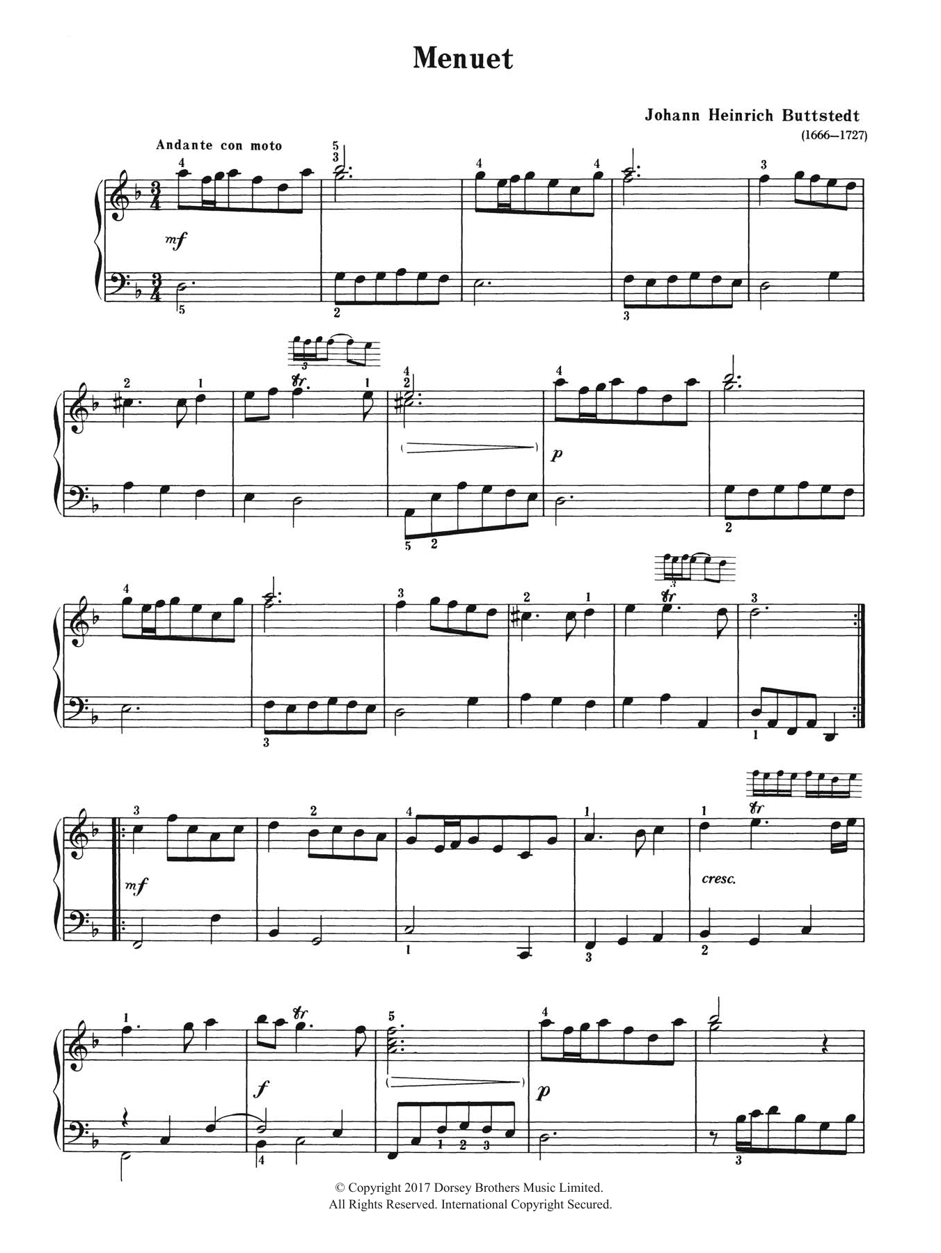 Johann Heinrich Buttstedt Menuet sheet music notes and chords arranged for Piano Solo