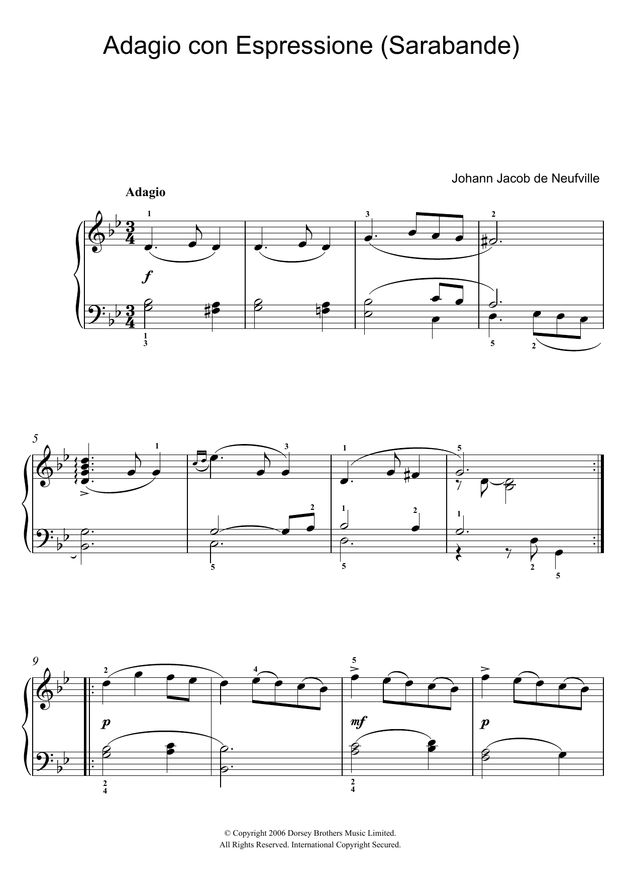 Johann Jacob de Neufville Adagio Con Espressione (Sarabande) sheet music notes and chords arranged for Piano Solo