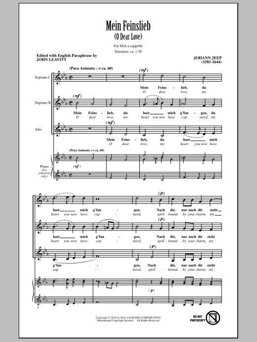 Johann Jeep O Dear Love (Mein Feinslieb) sheet music notes and chords arranged for SSA Choir