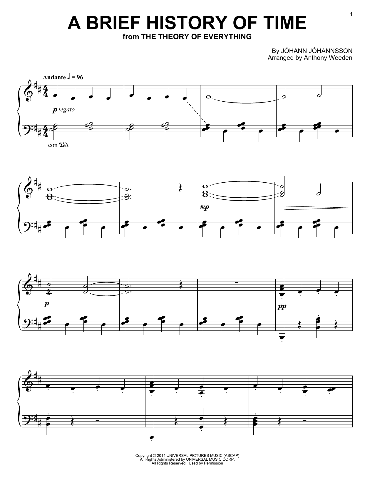 Johann Johannsson A Brief History Of Time sheet music notes and chords arranged for Piano Solo
