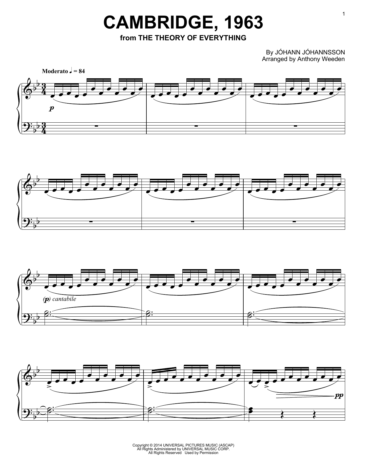 Johann Johannsson Cambridge, 1963 sheet music notes and chords arranged for Piano Solo